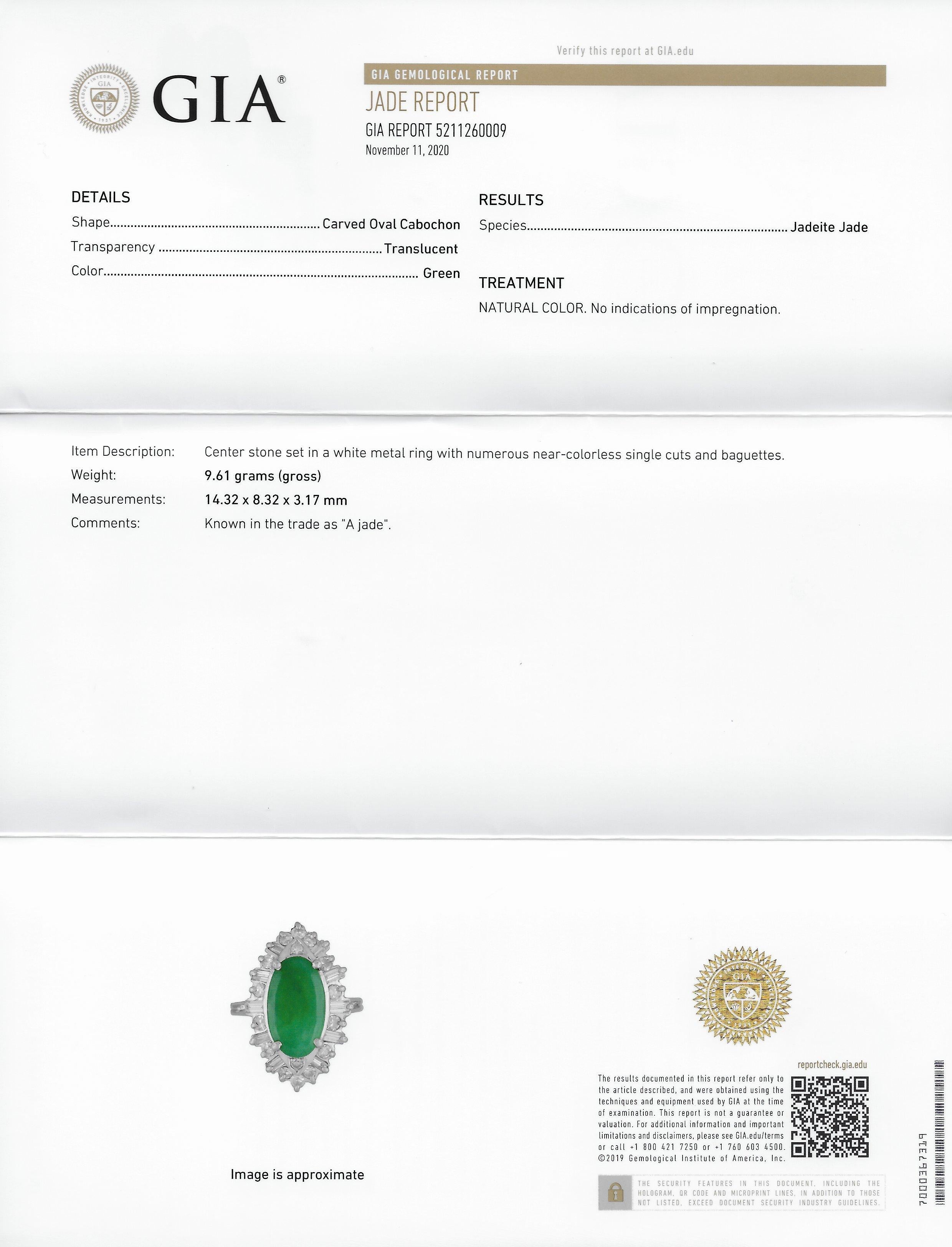 Midcentury Jadeite Jade 1.26 Carat Diamond Platinum Navette Cluster Ring GIA 5