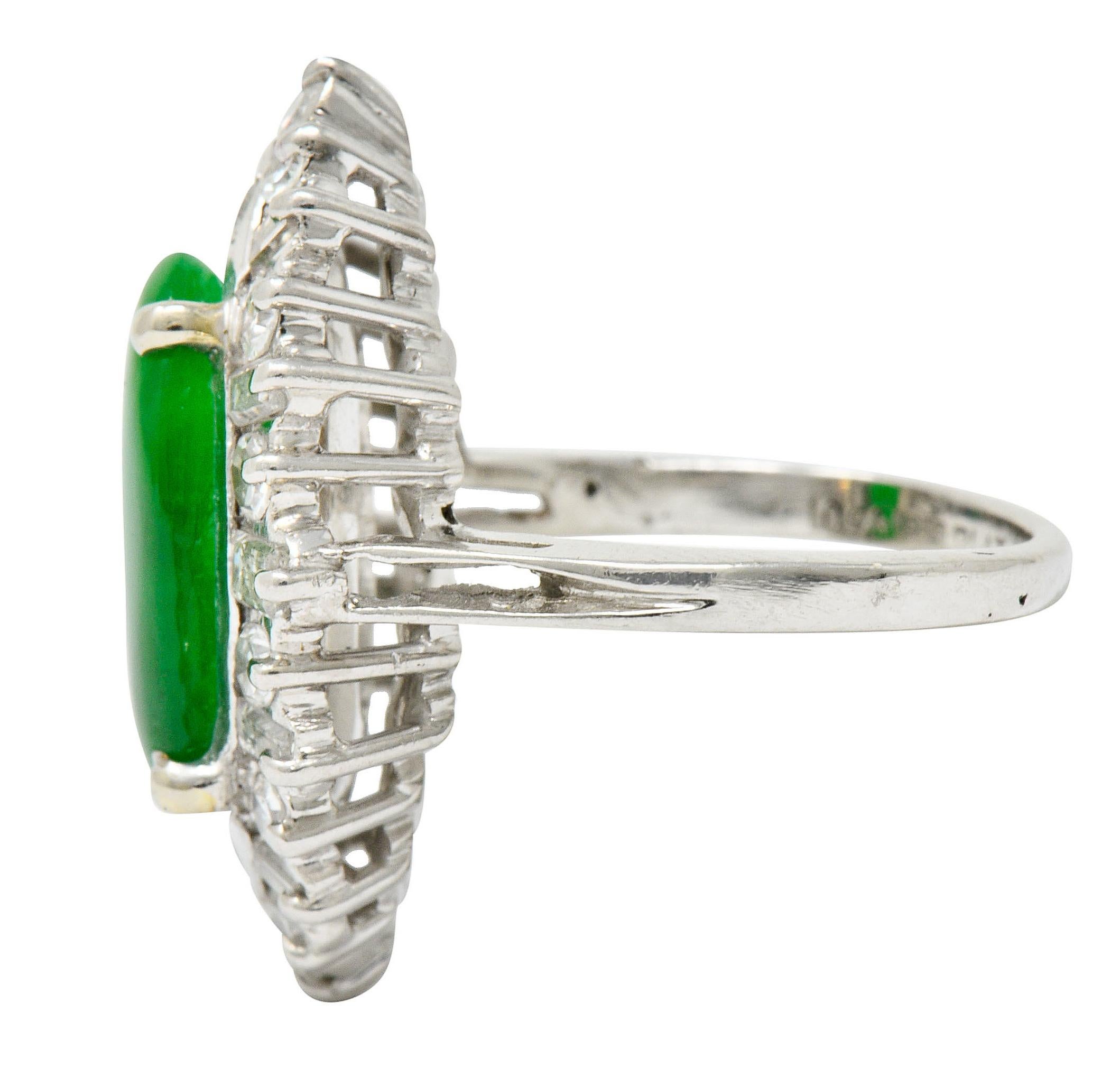 Midcentury Jadeite Jade 1.26 Carat Diamond Platinum Navette Cluster Ring GIA In Excellent Condition In Philadelphia, PA