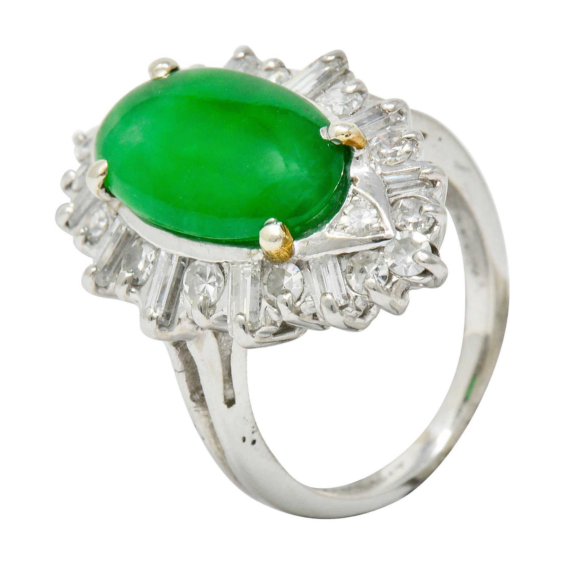 Midcentury Jadeite Jade 1.26 Carat Diamond Platinum Navette Cluster Ring GIA 2