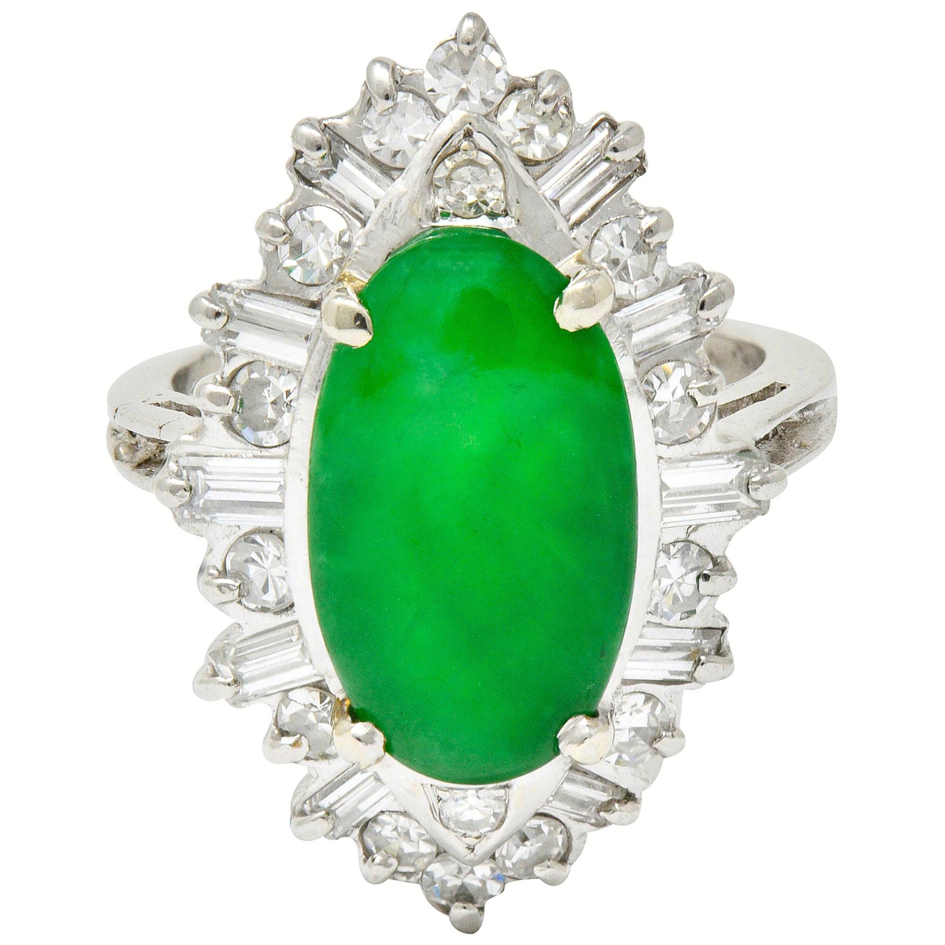 Midcentury Jadeite Jade 1.26 Carat Diamond Platinum Navette Cluster Ring GIA