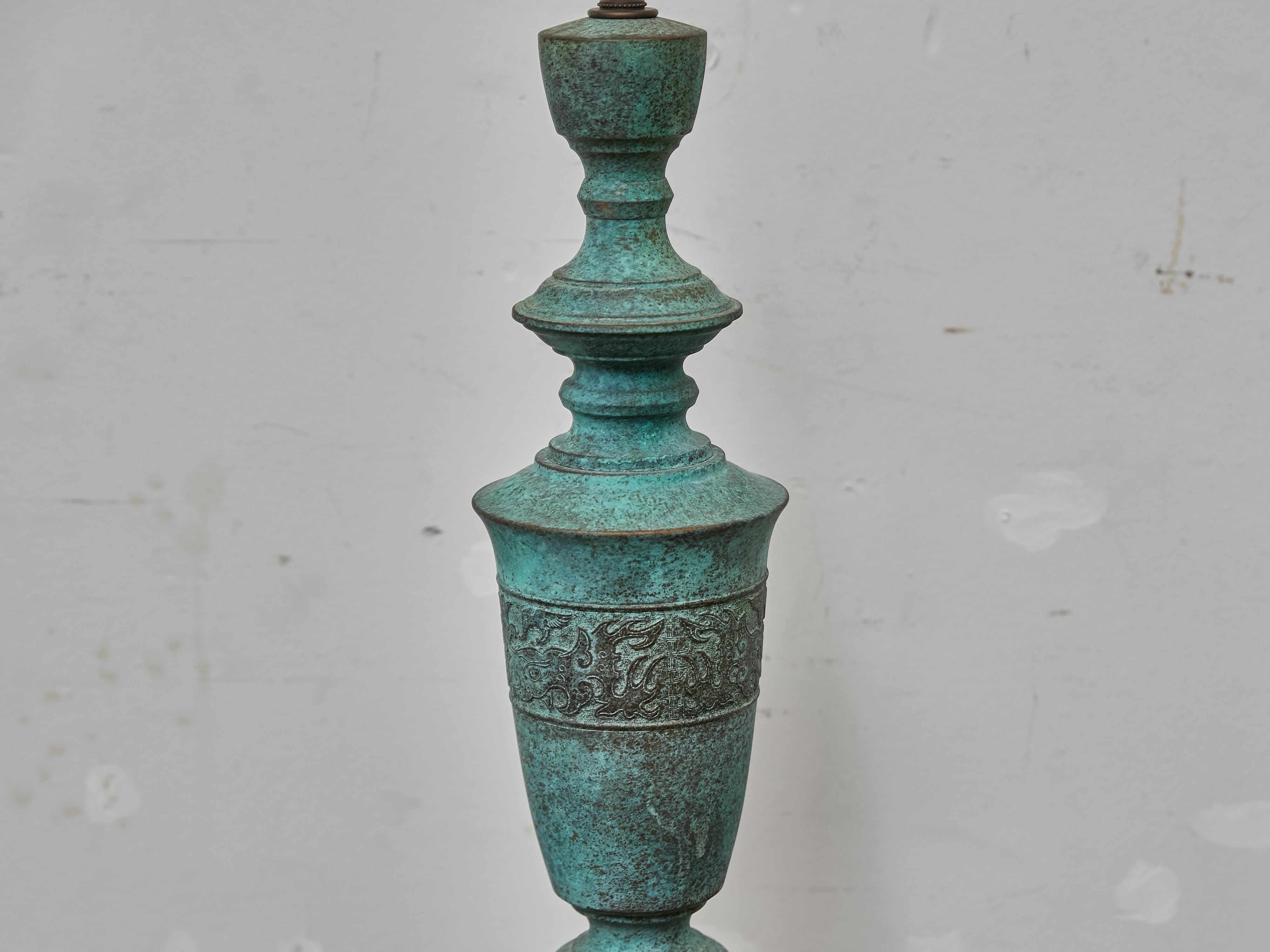Mid-Century Modern Midcentury James Mont Style Verdigris Bronze Table Lamp with Lucite Base For Sale