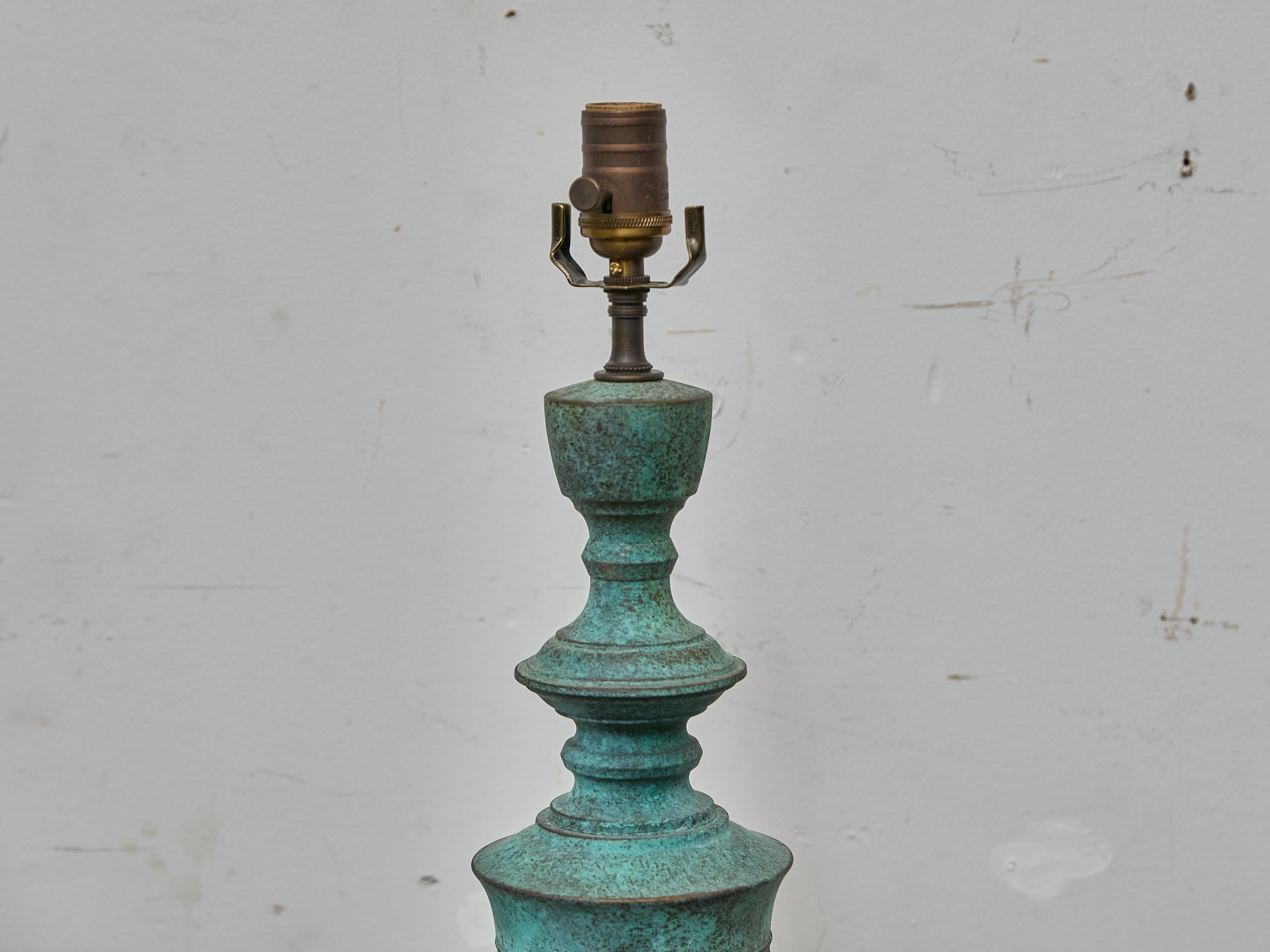 American Midcentury James Mont Style Verdigris Bronze Table Lamp with Lucite Base For Sale