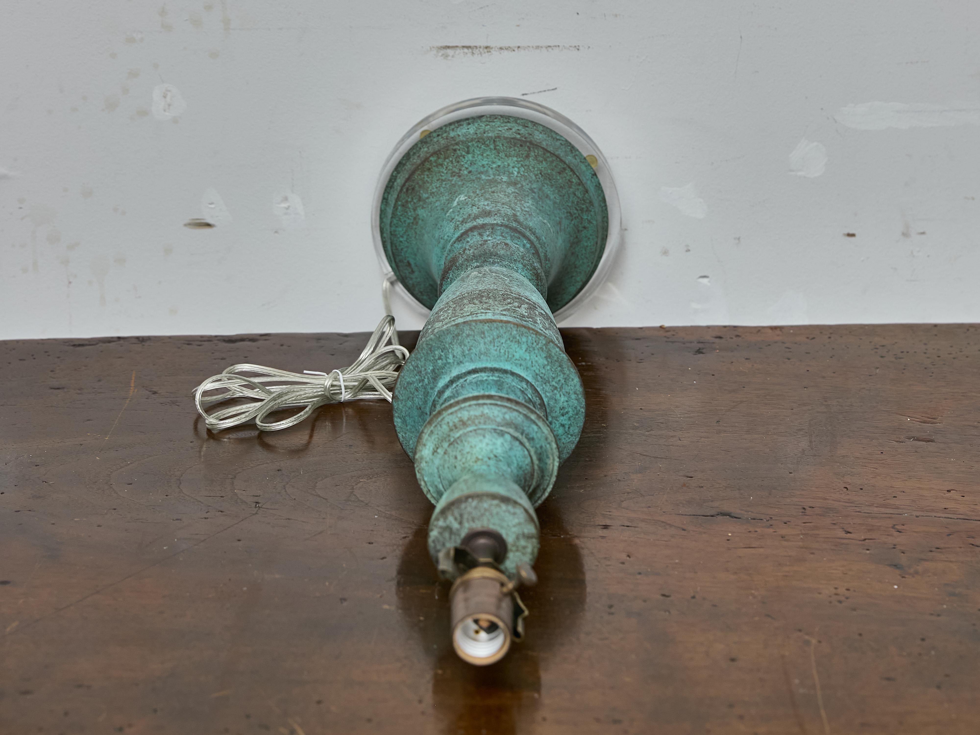 20th Century Midcentury James Mont Style Verdigris Bronze Table Lamp with Lucite Base For Sale