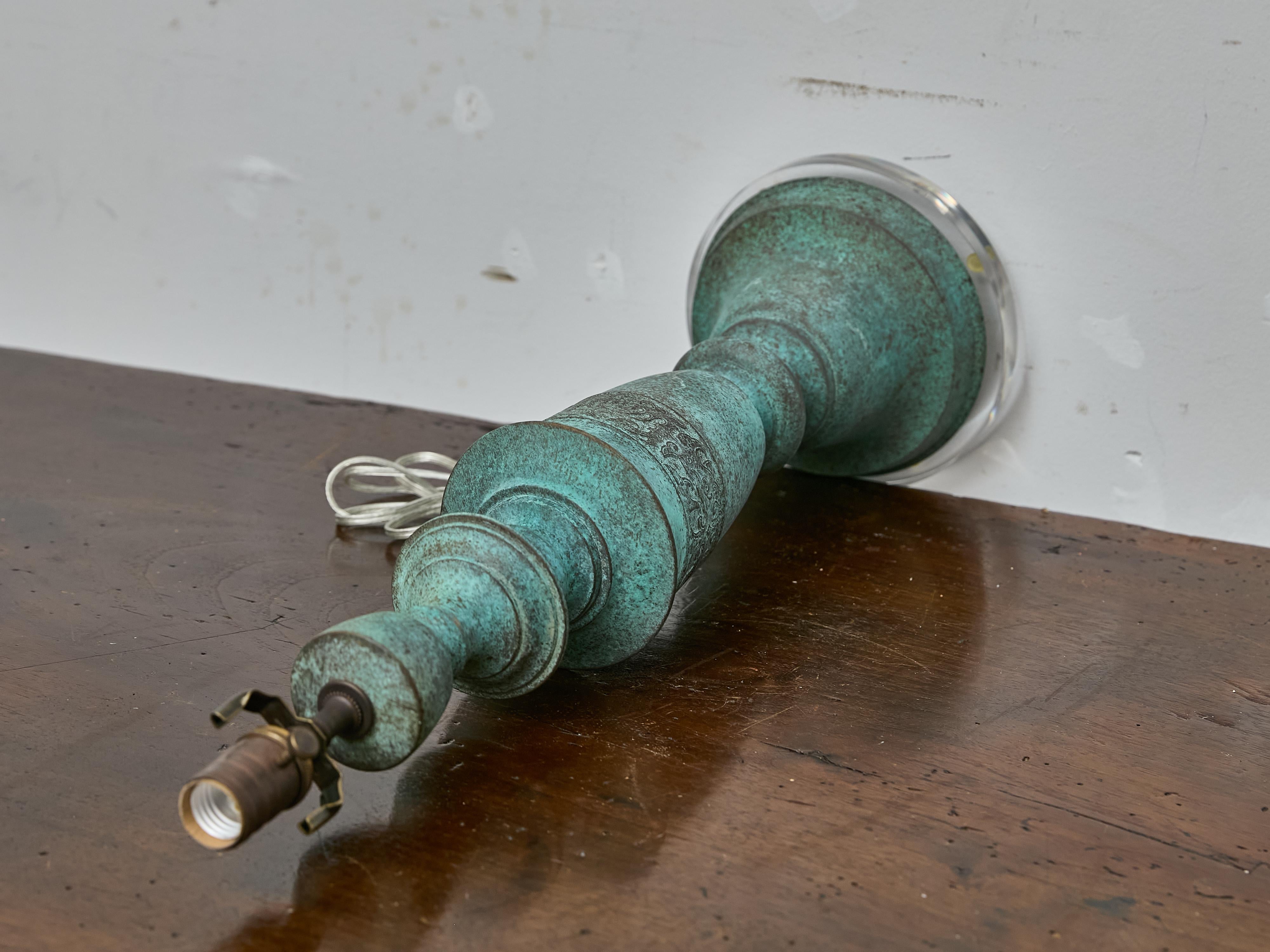 Midcentury James Mont Style Verdigris Bronze Table Lamp with Lucite Base For Sale 1