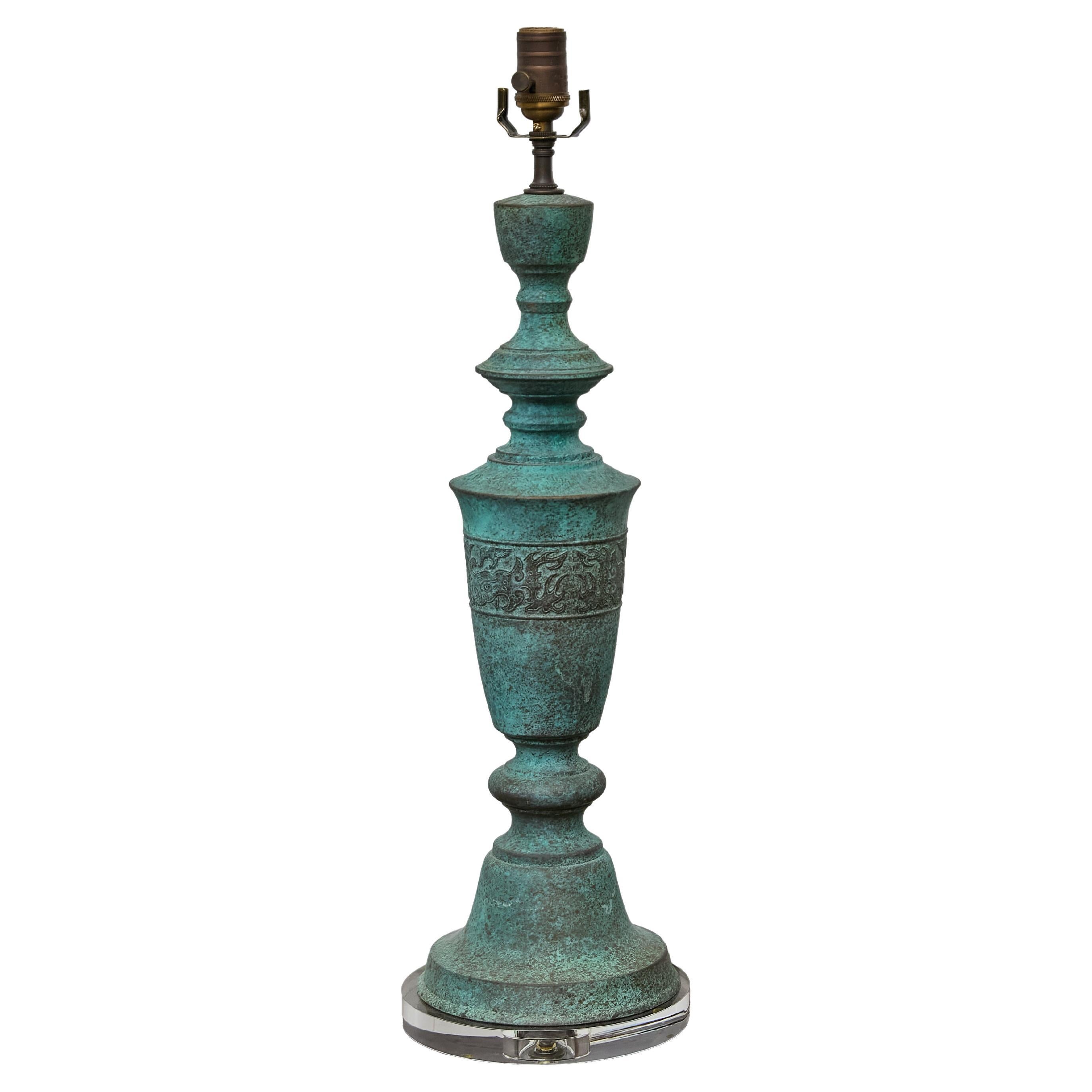 Midcentury James Mont Style Verdigris Bronze Table Lamp with Lucite Base For Sale