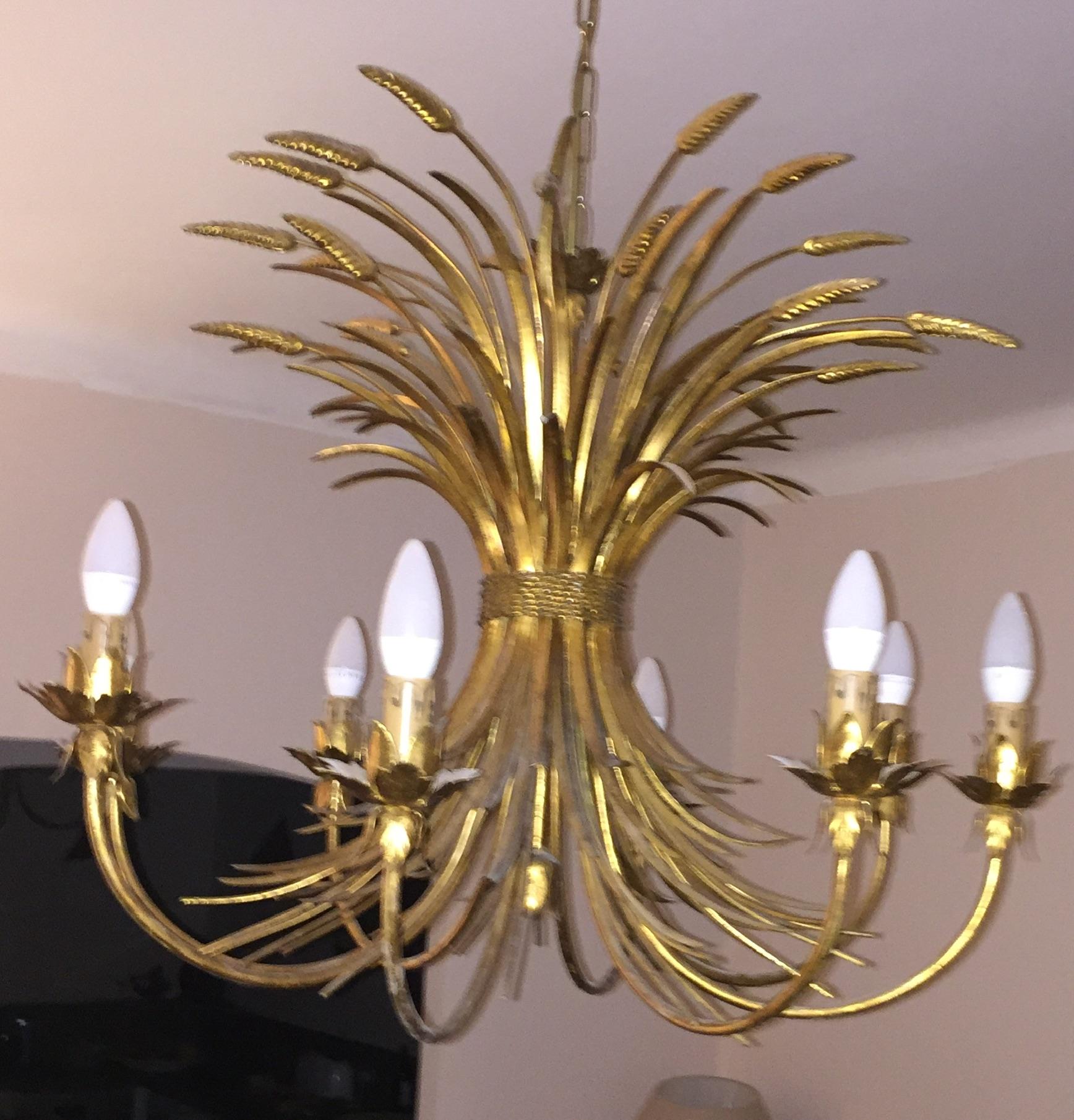 Midcentury Jansen Style French Golden Sheet Chandelier Eight Lights For Sale 3