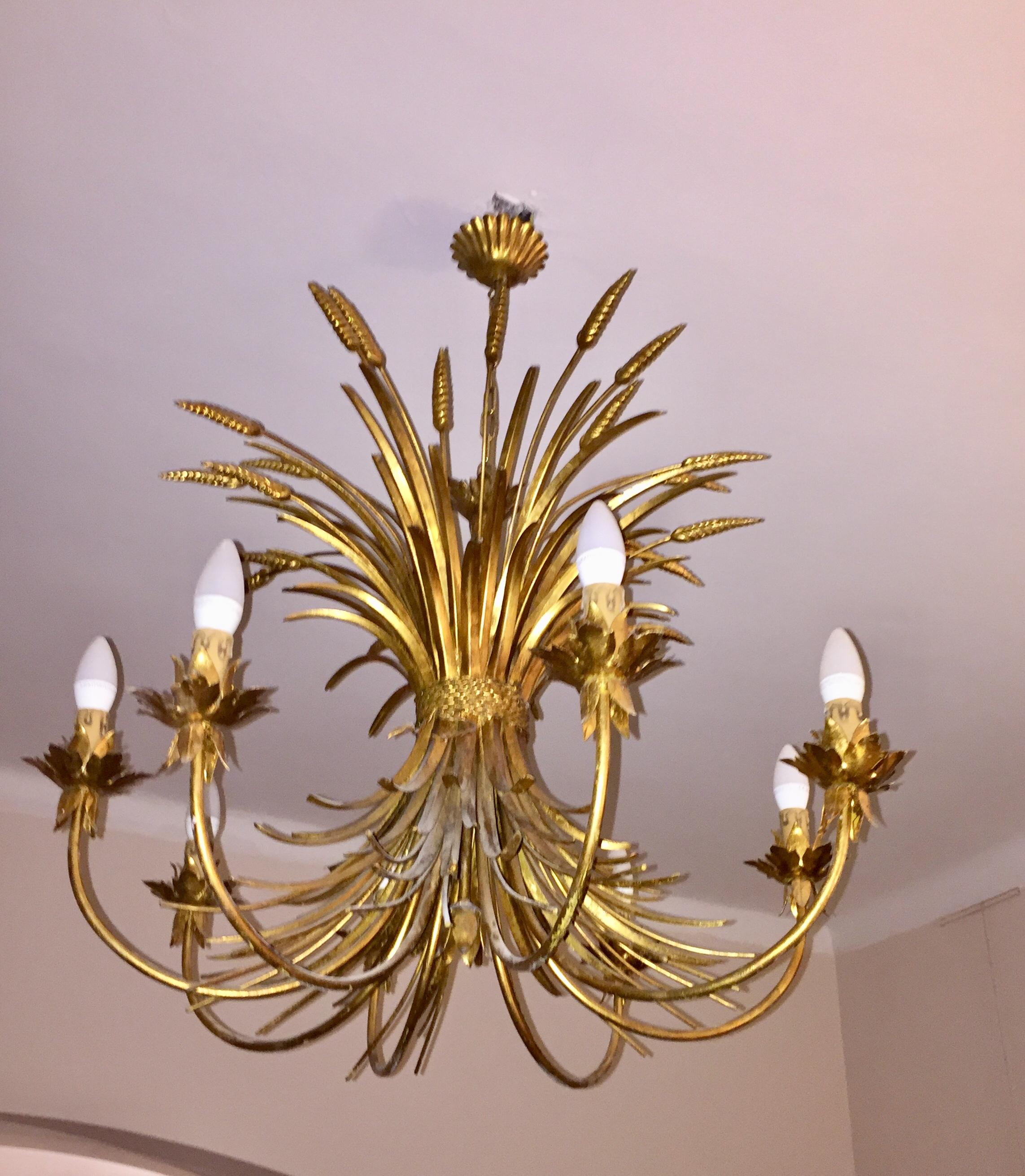 Midcentury Jansen Style French Golden Sheet Chandelier Eight Lights For Sale 6