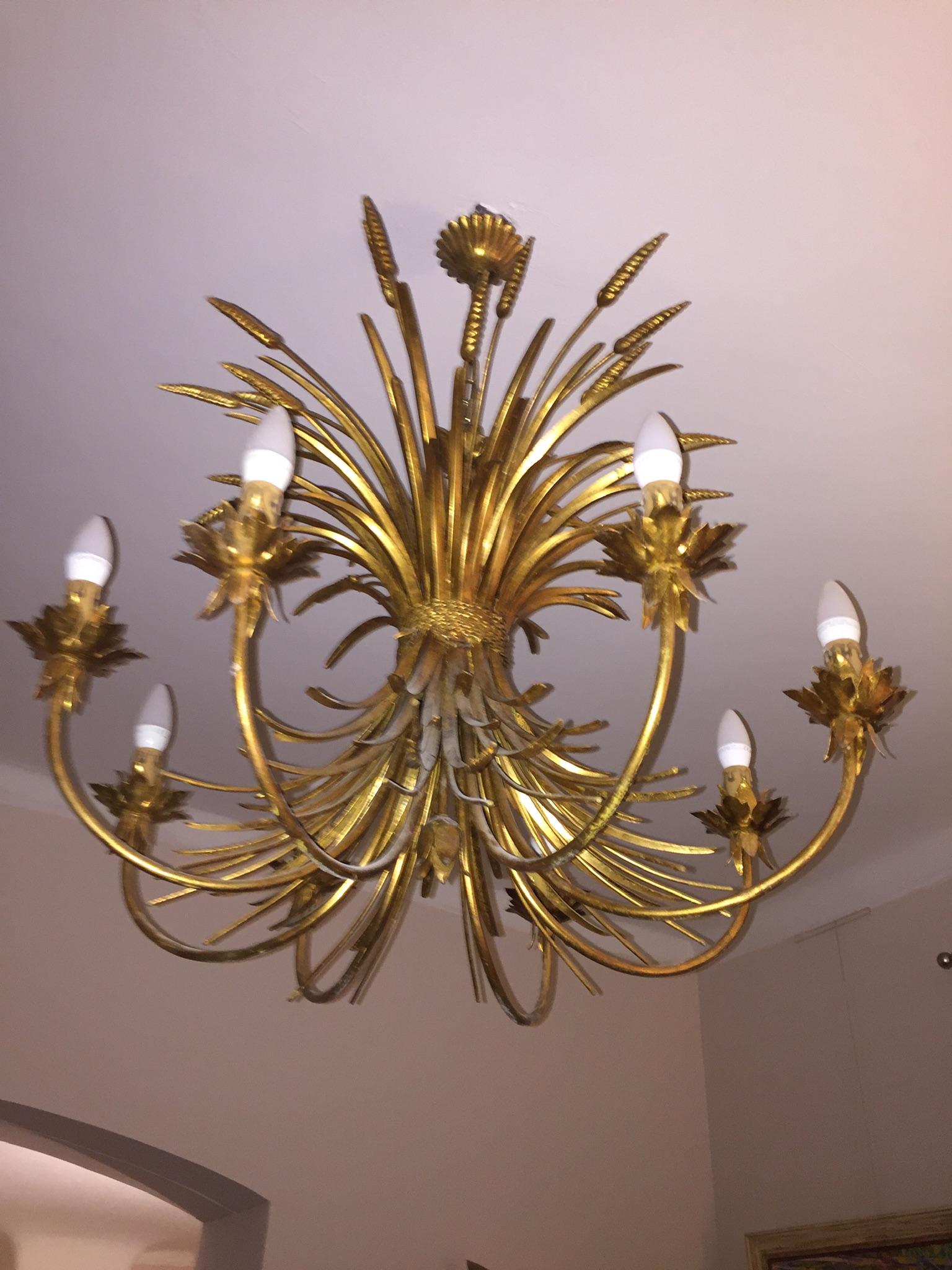 Gilt Midcentury Jansen Style French Golden Sheet Chandelier Eight Lights For Sale
