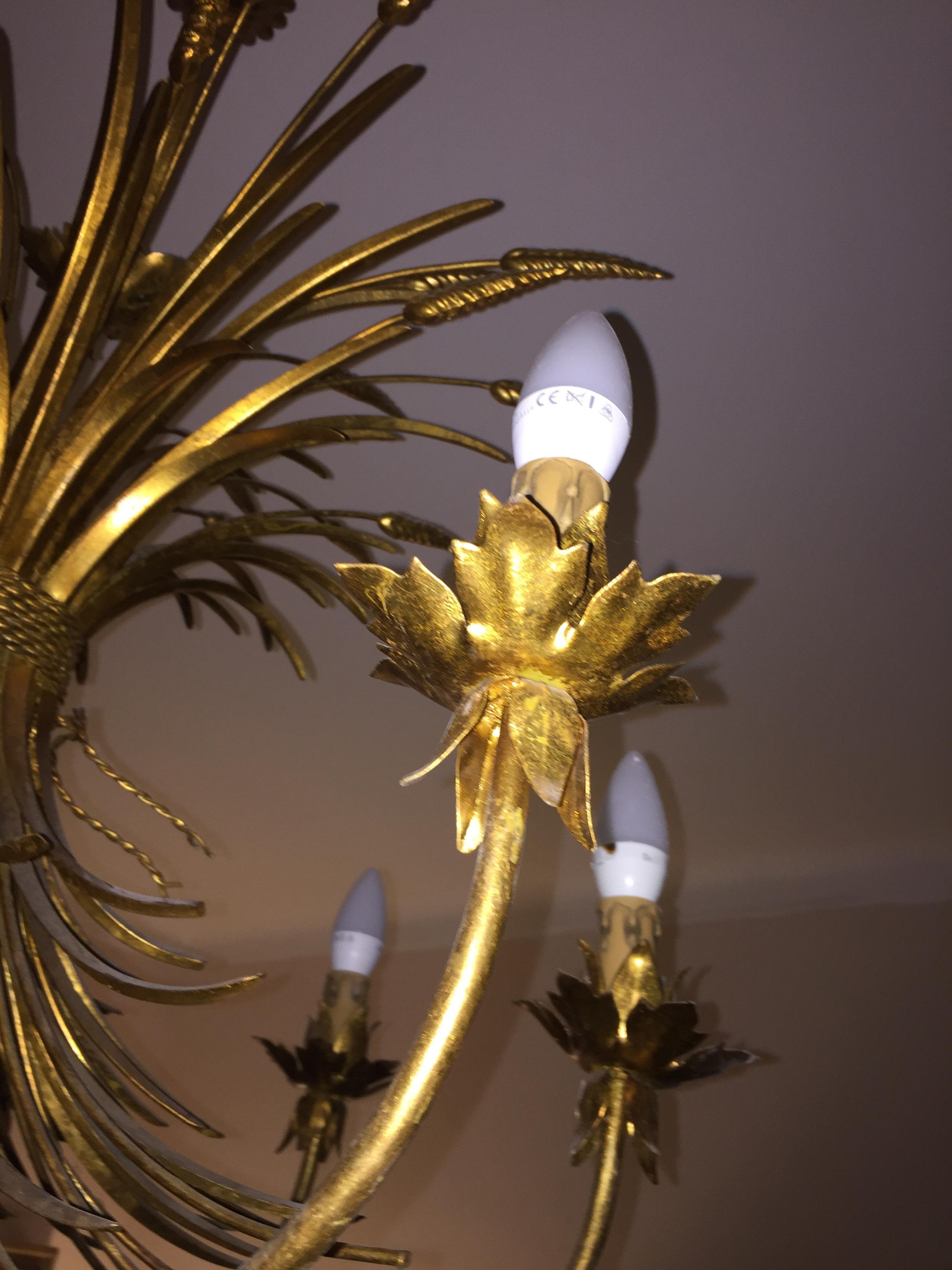 Midcentury Jansen Style French Golden Sheet Chandelier Eight Lights In Good Condition For Sale In Miami, FL