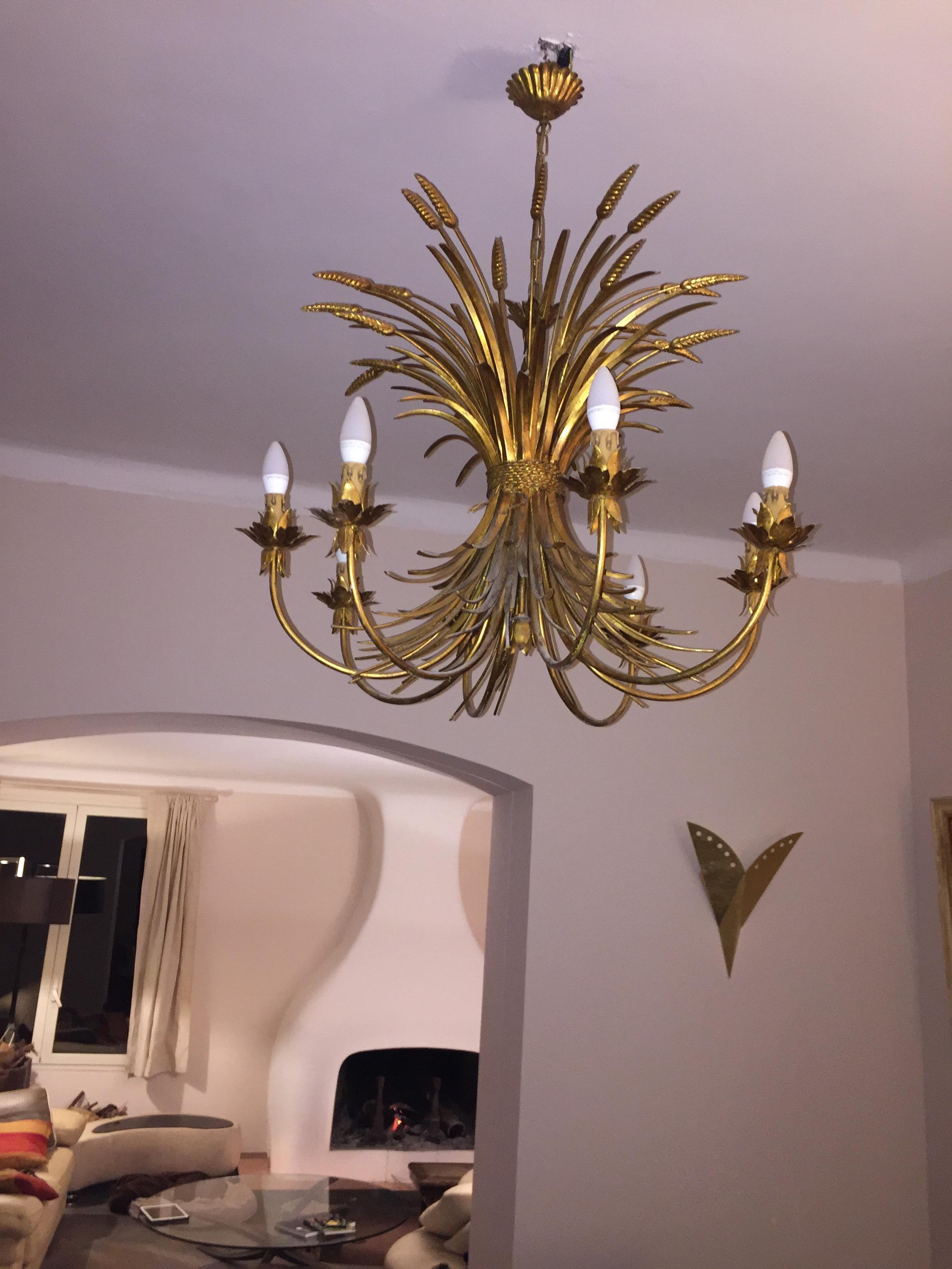Midcentury Jansen Style French Golden Sheet Chandelier Eight Lights For Sale 1