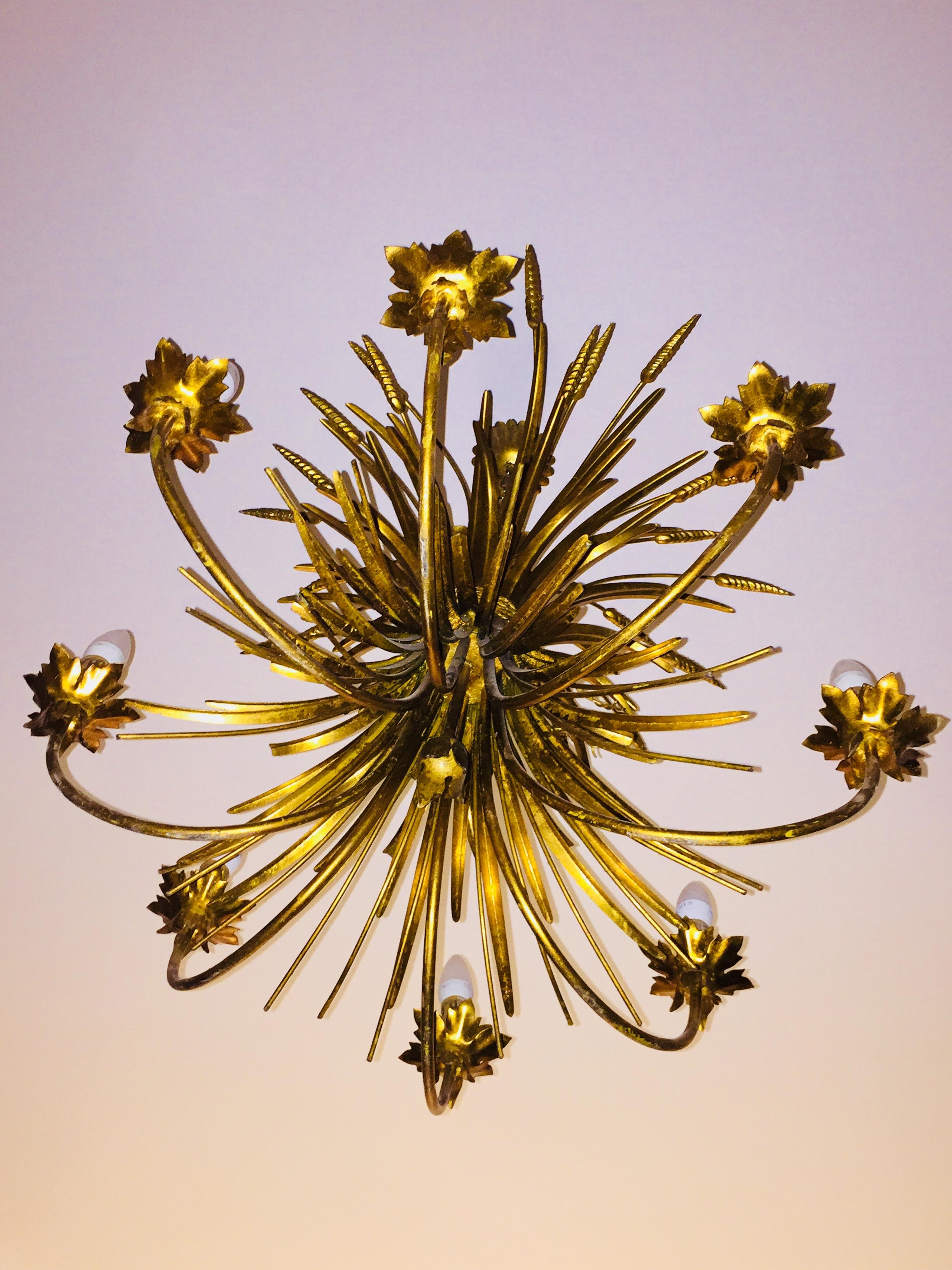 Midcentury Jansen Style French Golden Sheet Chandelier Eight Lights For Sale 2