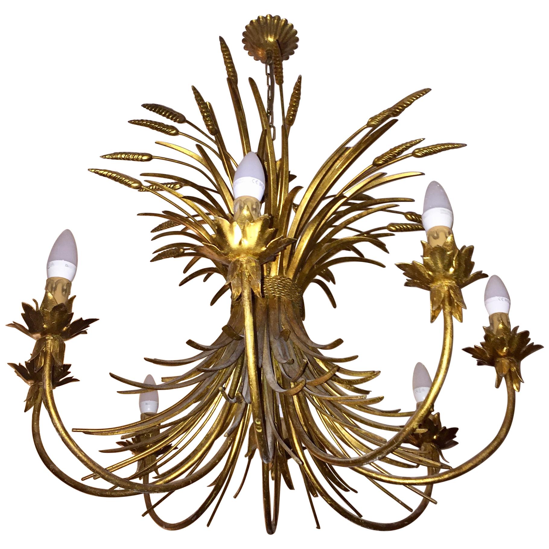 Midcentury Jansen Style French Golden Sheet Chandelier Eight Lights For Sale
