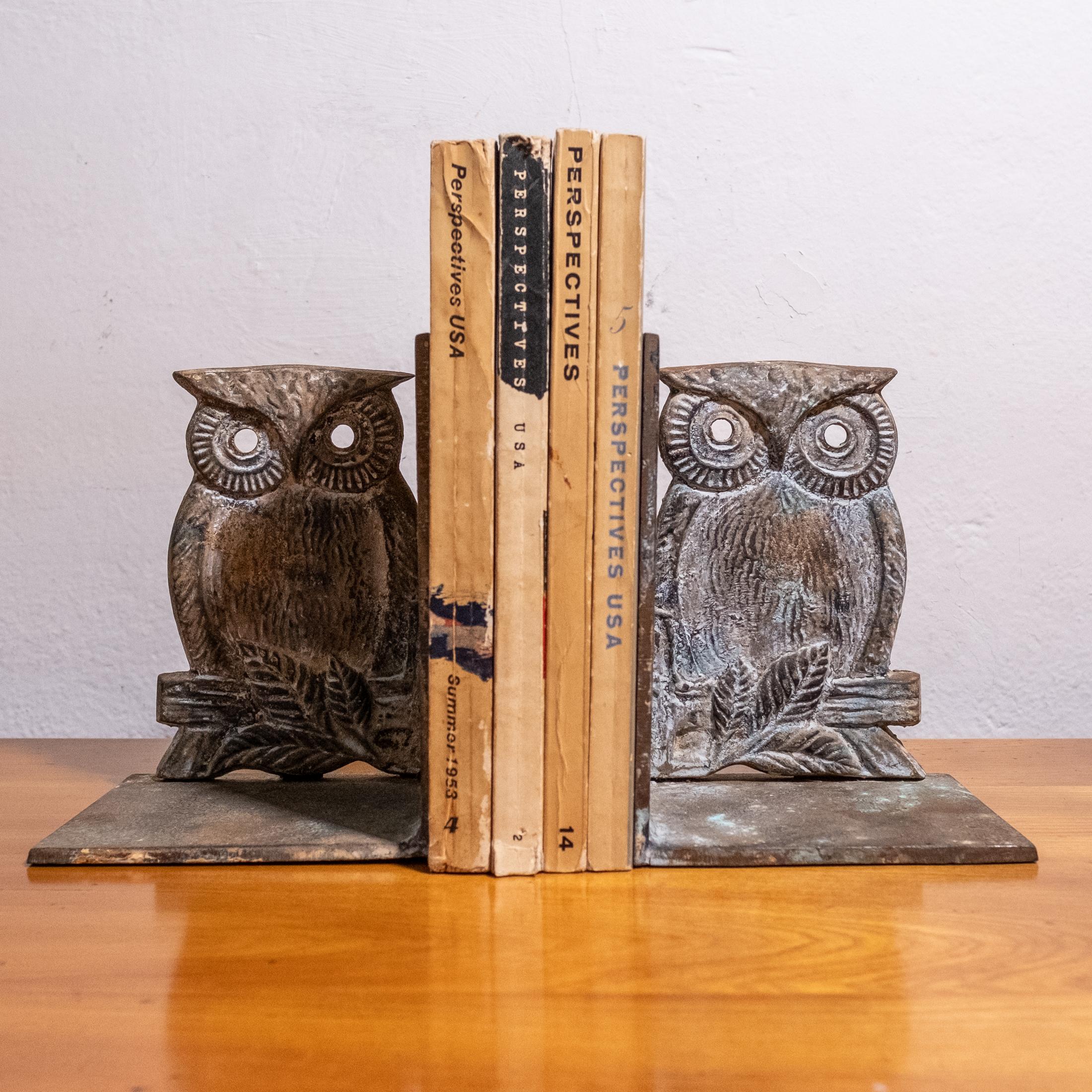 A very special pair of mid-century owl bookends. A substantial weight with a wonderful applied patina. Marked Japan on the underside. 1950s.