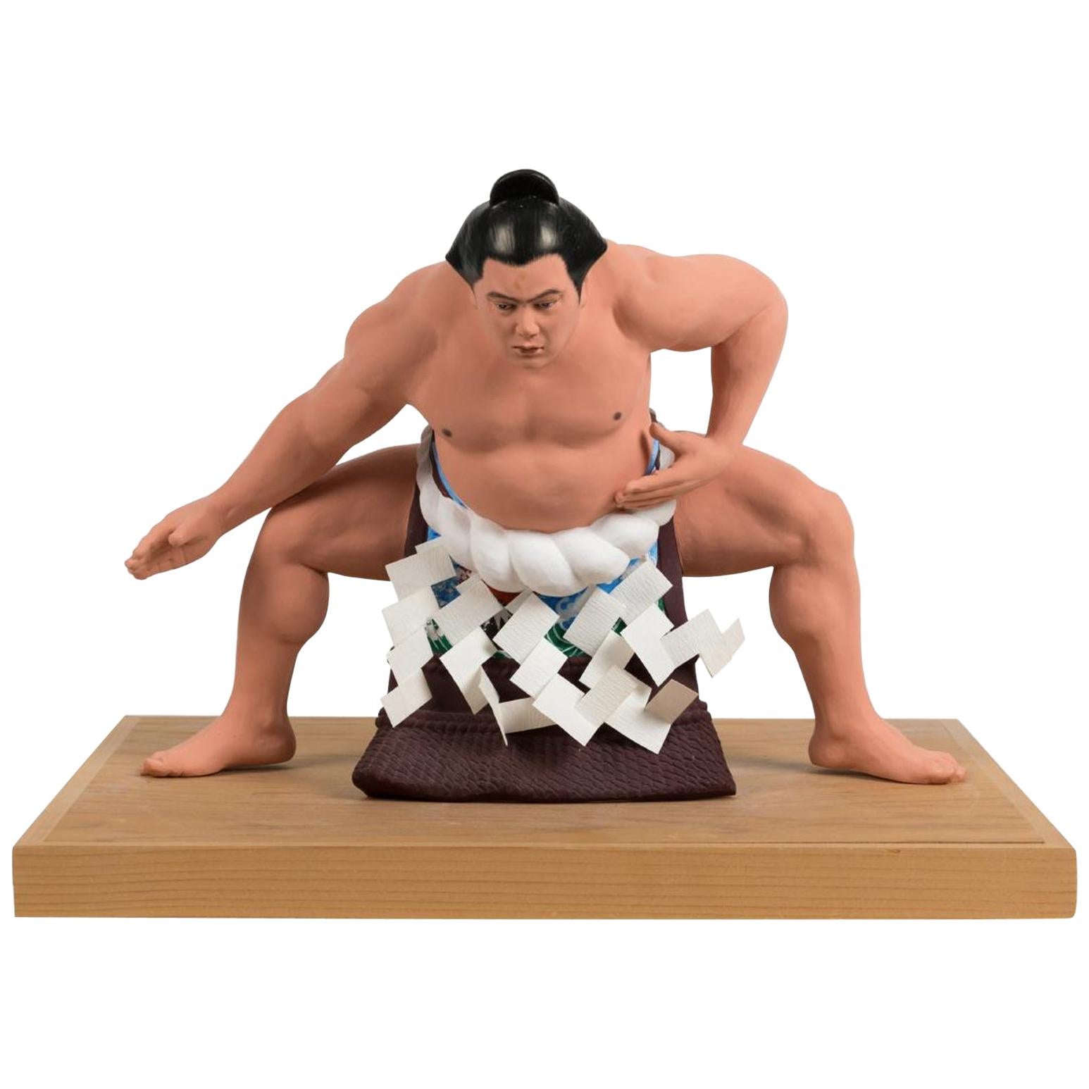 Japanese Kuroda Bushi Sumo Hakata Ningyo Unglazed Ceramic Doll Mid-century 