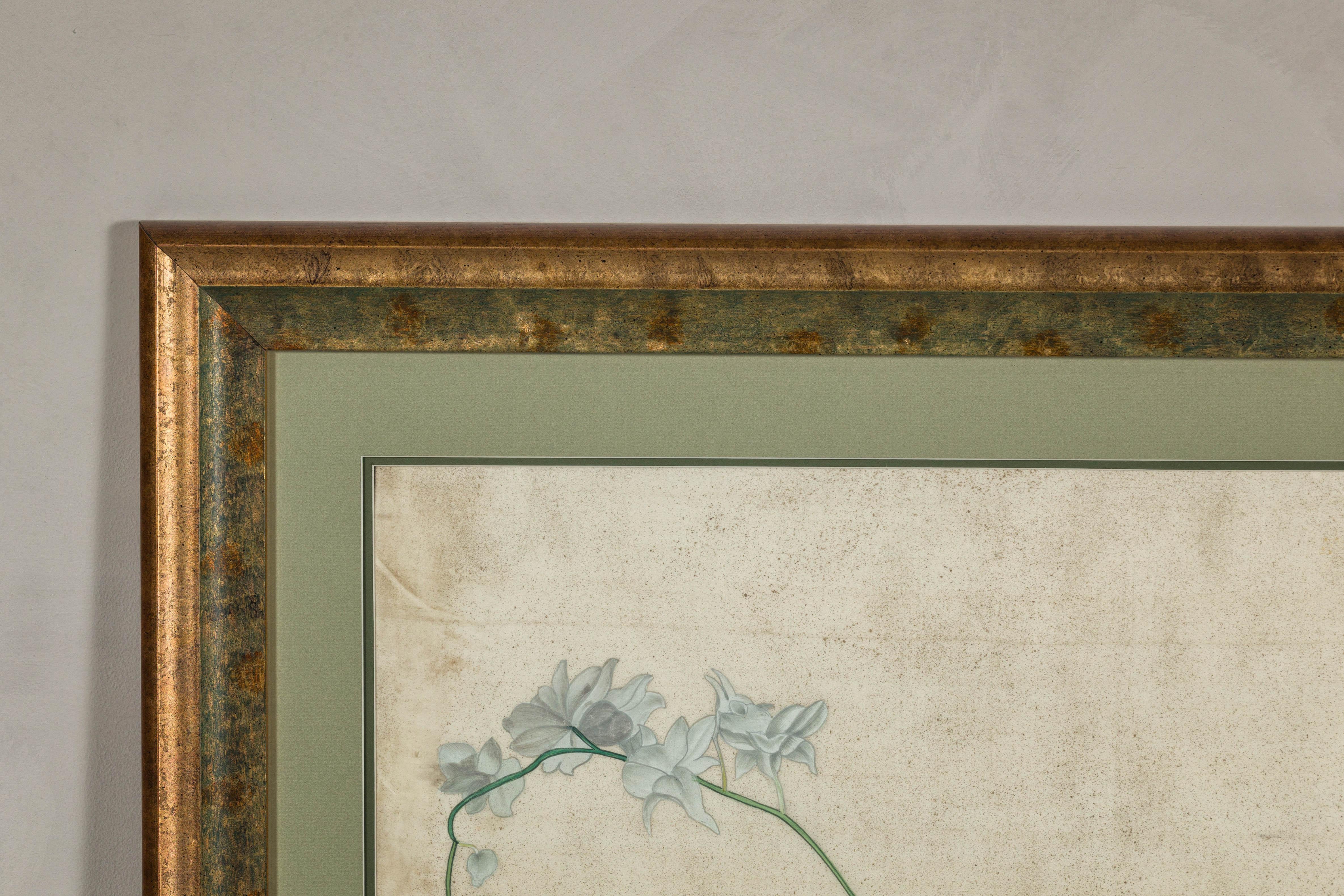 Midcentury Japanese Minimalist Botanical Print in Custom Gold Frame under Glass For Sale 6