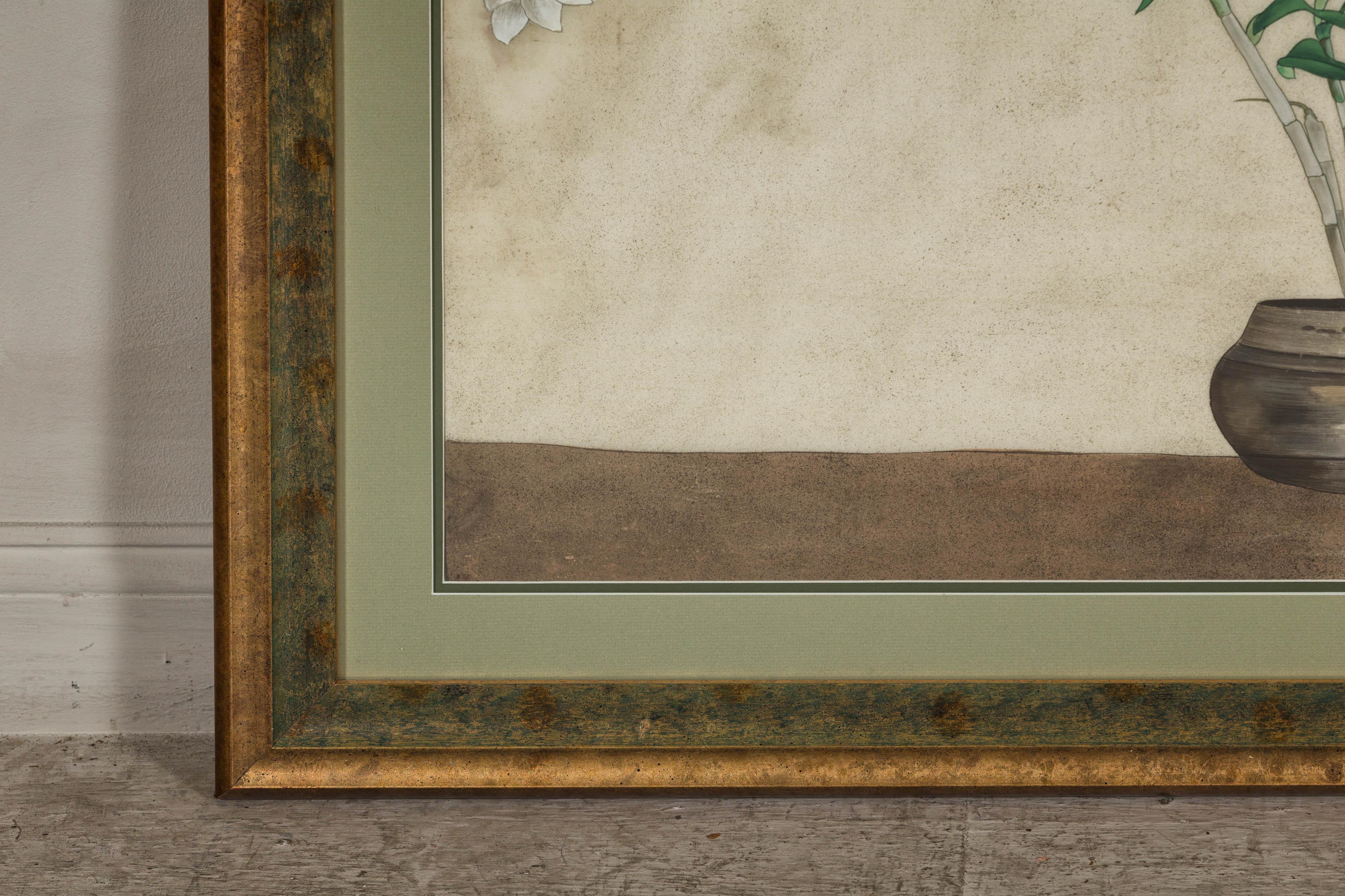 Midcentury Japanese Minimalist Botanical Print in Custom Gold Frame under Glass For Sale 7