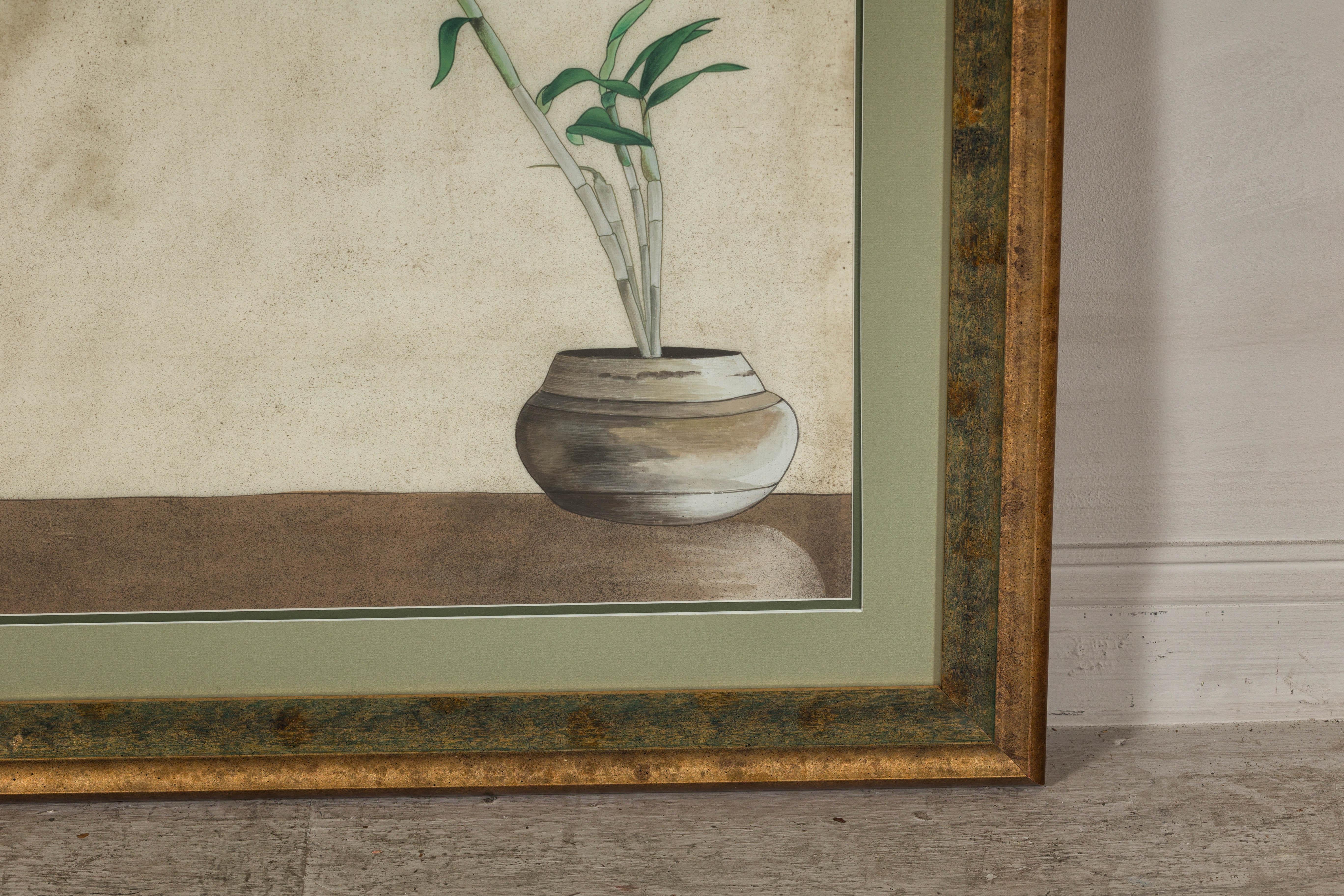 Midcentury Japanese Minimalist Botanical Print in Custom Gold Frame under Glass For Sale 8