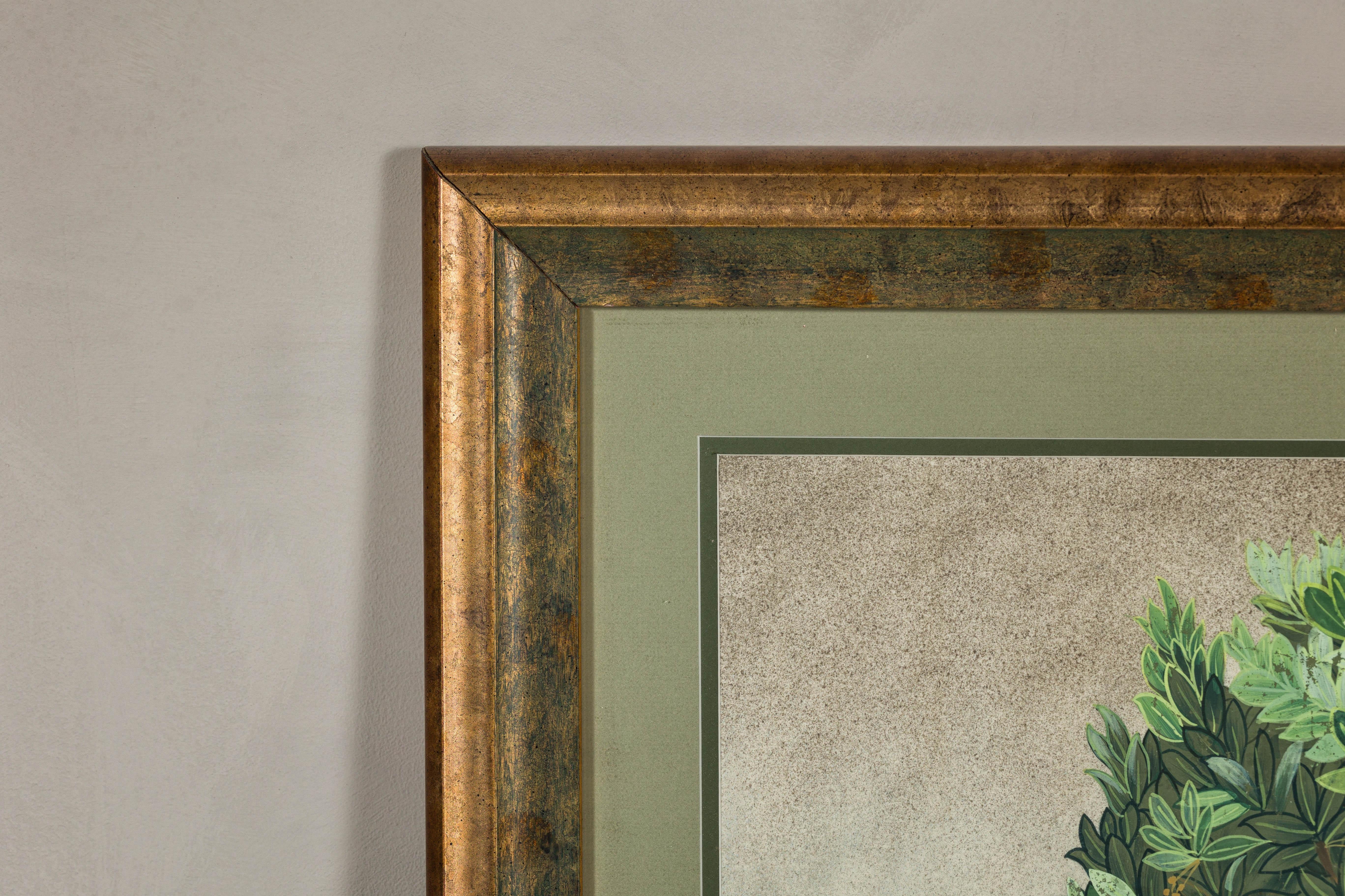 Midcentury Japanese Minimalist Botanical Print in Custom Gold Frame under Glass For Sale 8
