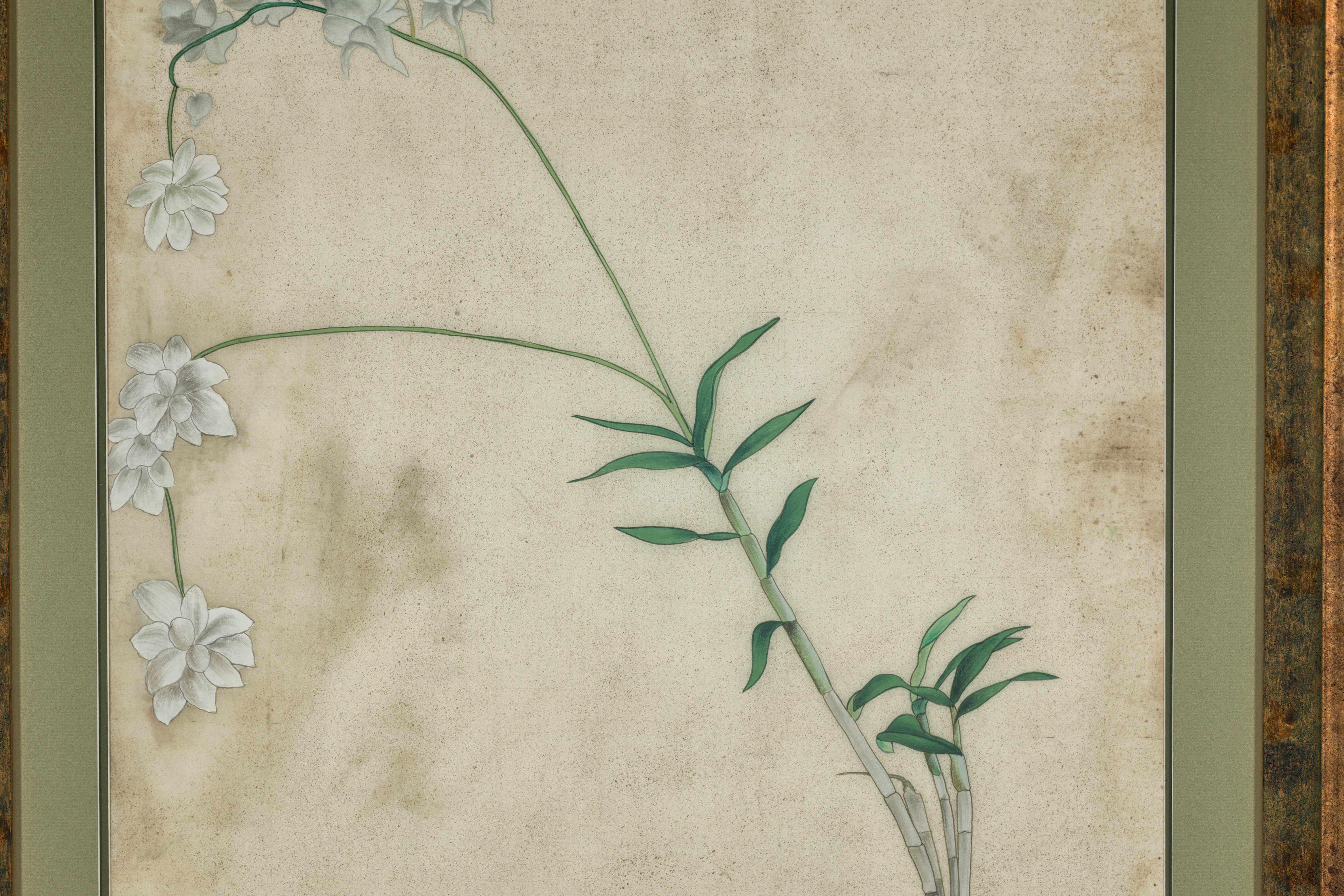 Midcentury Japanese Minimalist Botanical Print in Custom Gold Frame under Glass For Sale 9