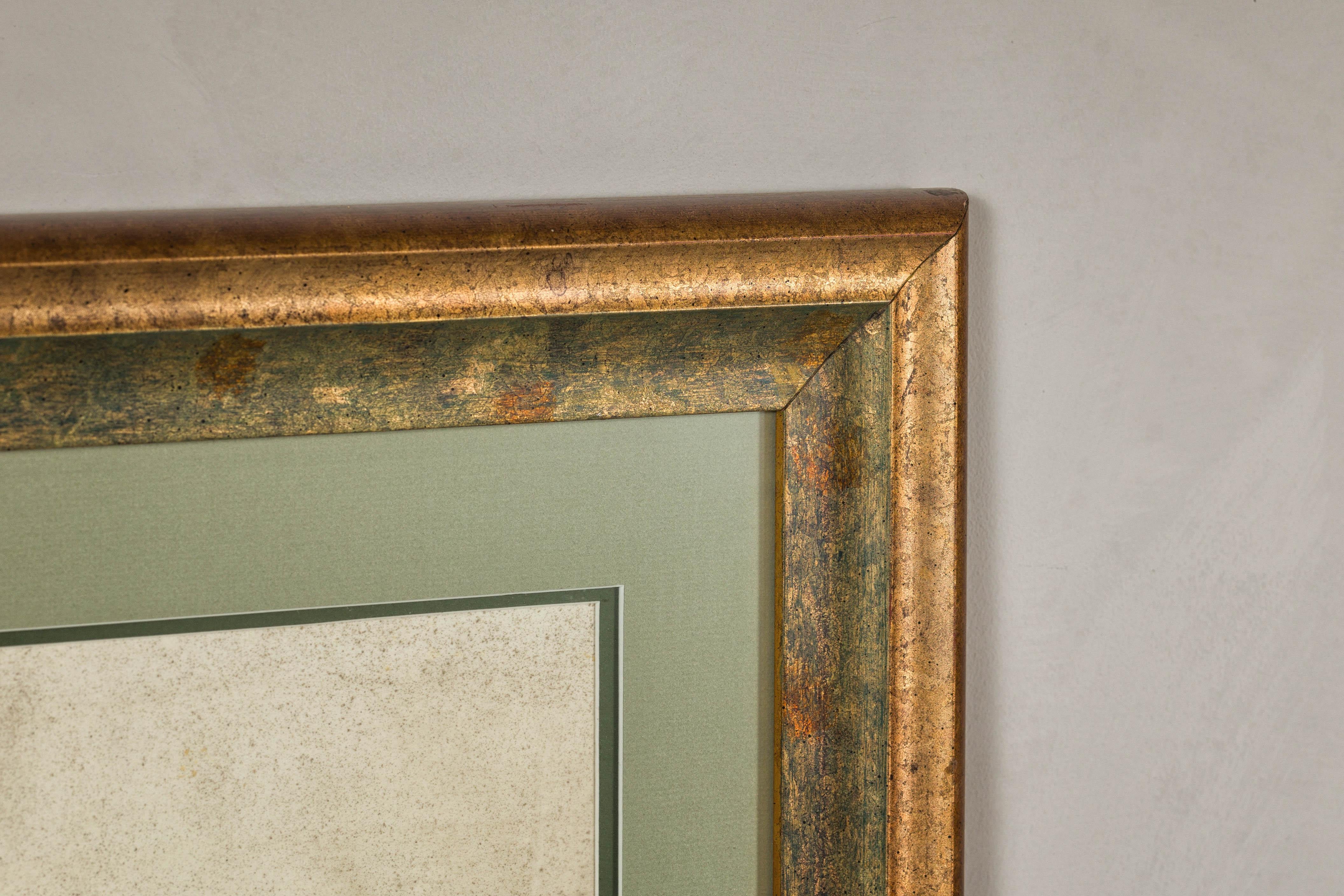 Midcentury Japanese Minimalist Botanical Print in Custom Gold Frame under Glass For Sale 10
