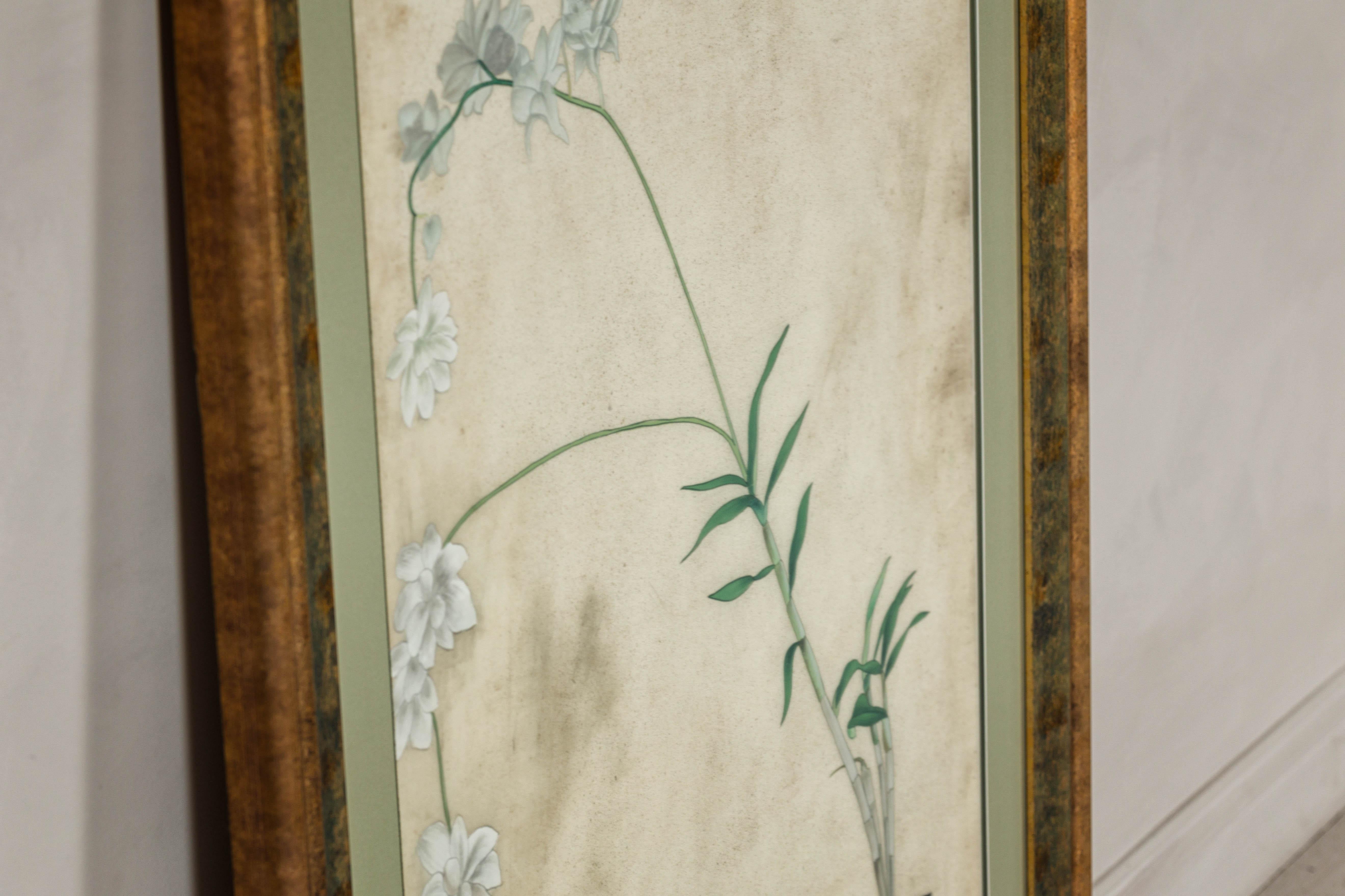 Midcentury Japanese Minimalist Botanical Print in Custom Gold Frame under Glass For Sale 12