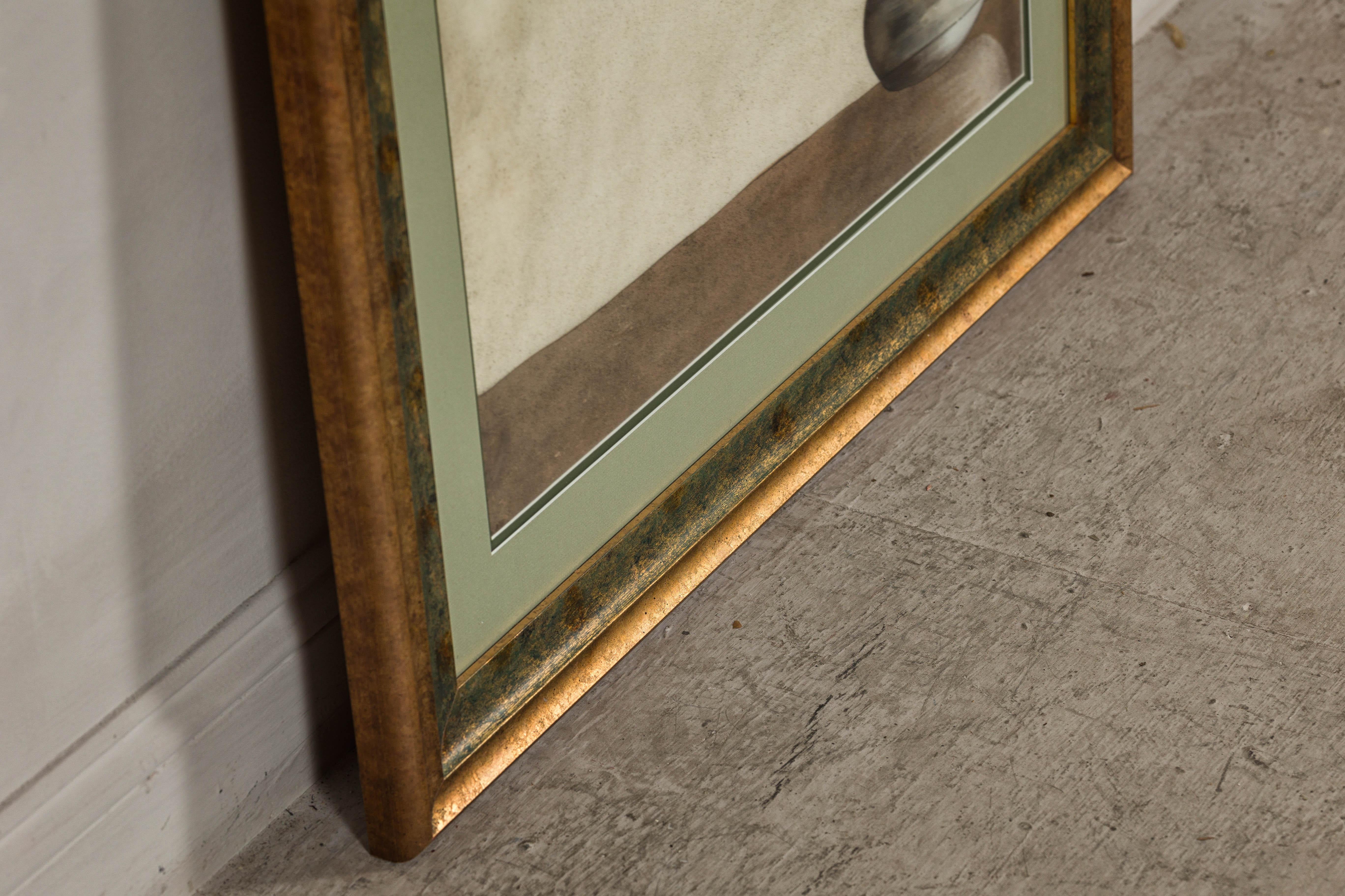 Midcentury Japanese Minimalist Botanical Print in Custom Gold Frame under Glass For Sale 13