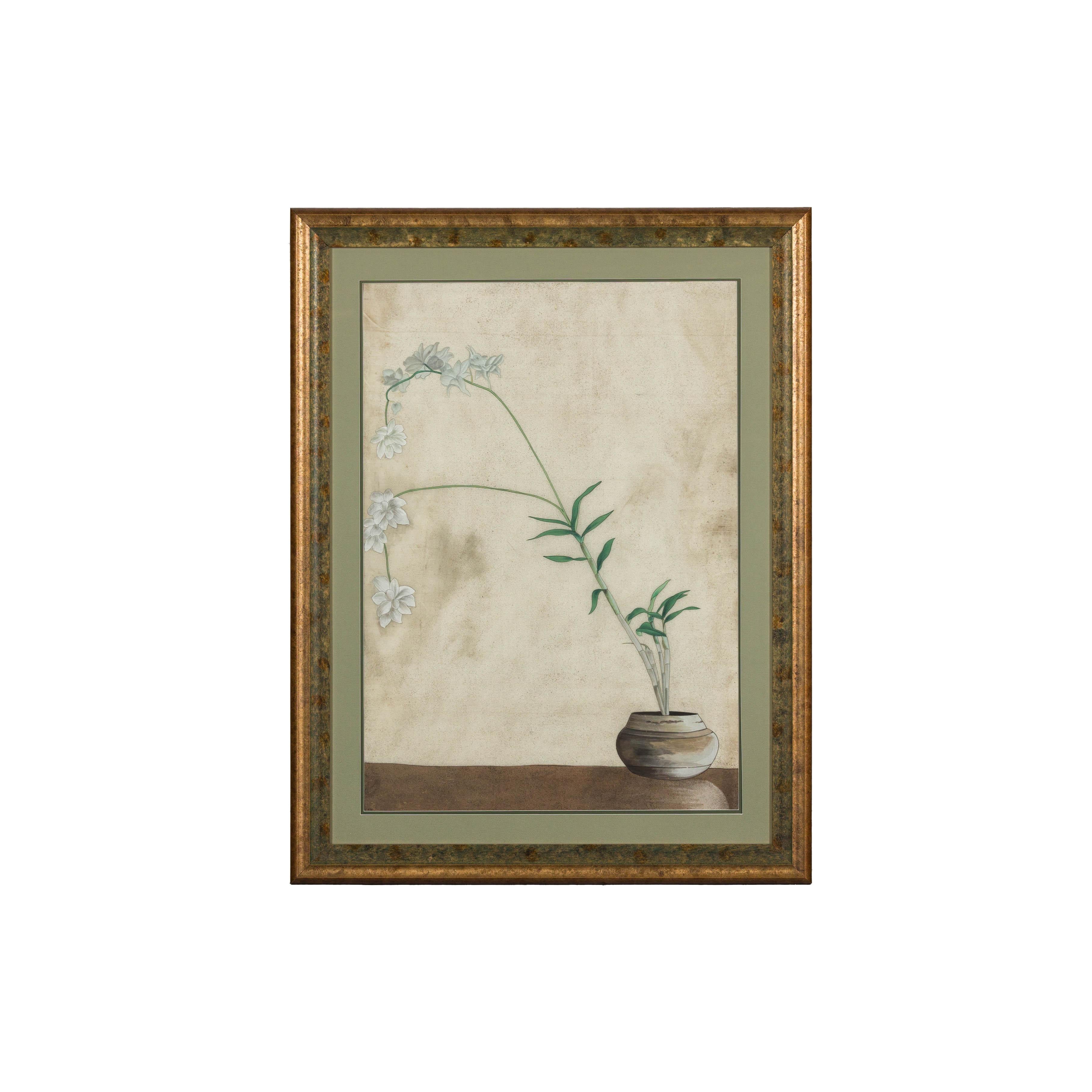 Midcentury Japanese Minimalist Botanical Print in Custom Gold Frame under Glass For Sale 14
