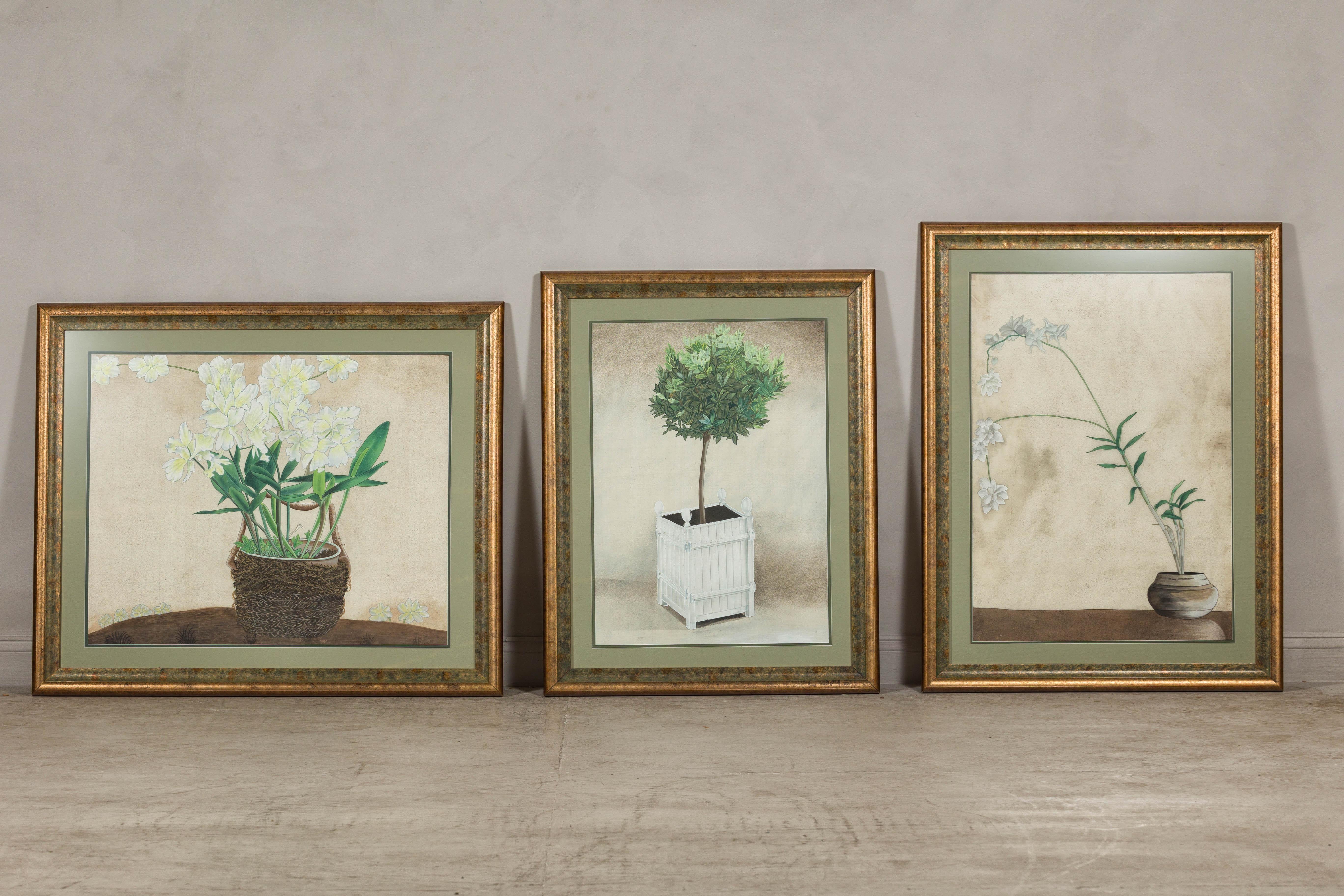 This exquisite midcentury Japanese botanical print, presented in a modern custom frame, embodies the timeless elegance of traditional Japanese art paired with contemporary framing techniques. The artwork captures a serene composition of delicate