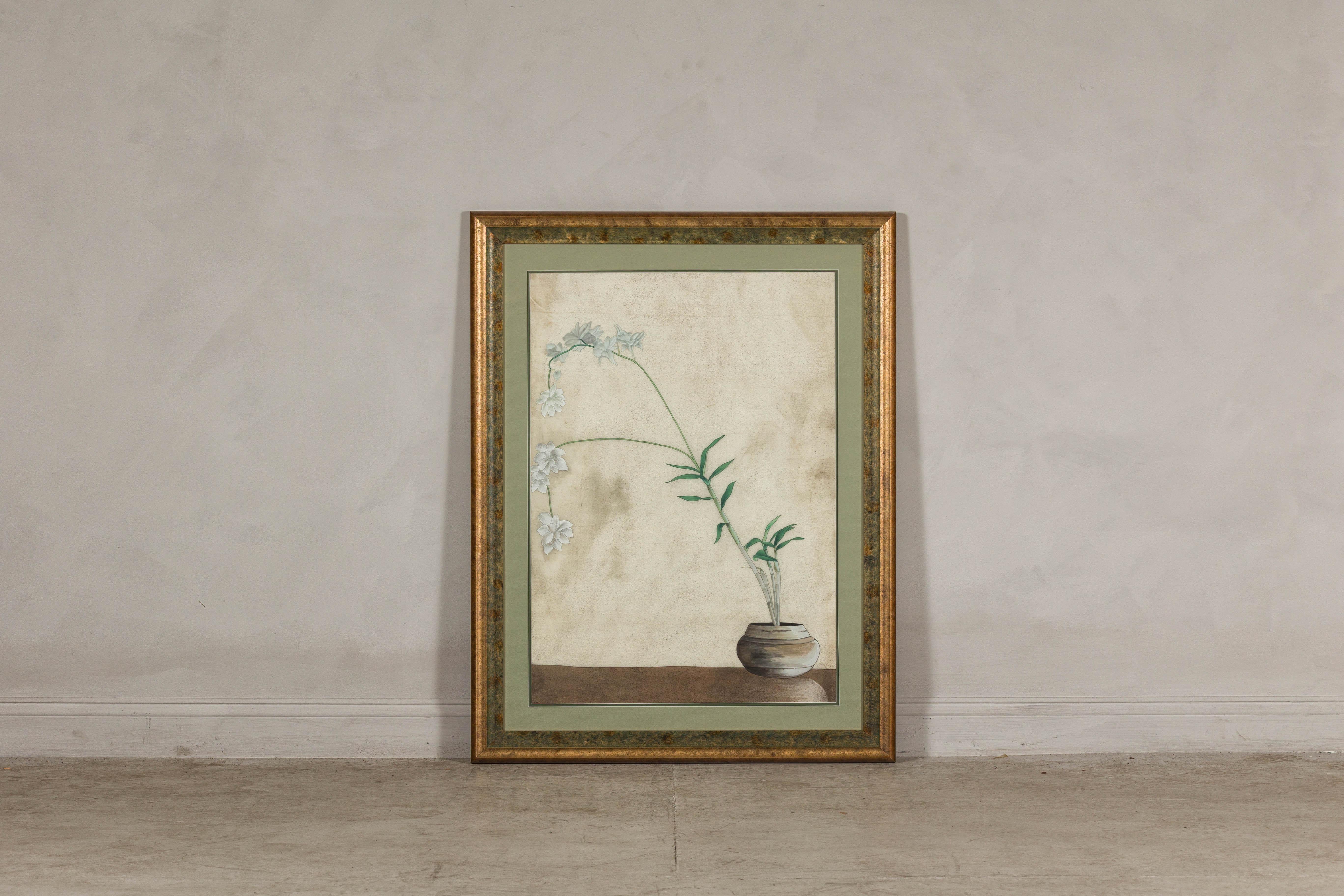 Midcentury Japanese Minimalist Botanical Print in Custom Gold Frame under Glass In Good Condition For Sale In Yonkers, NY