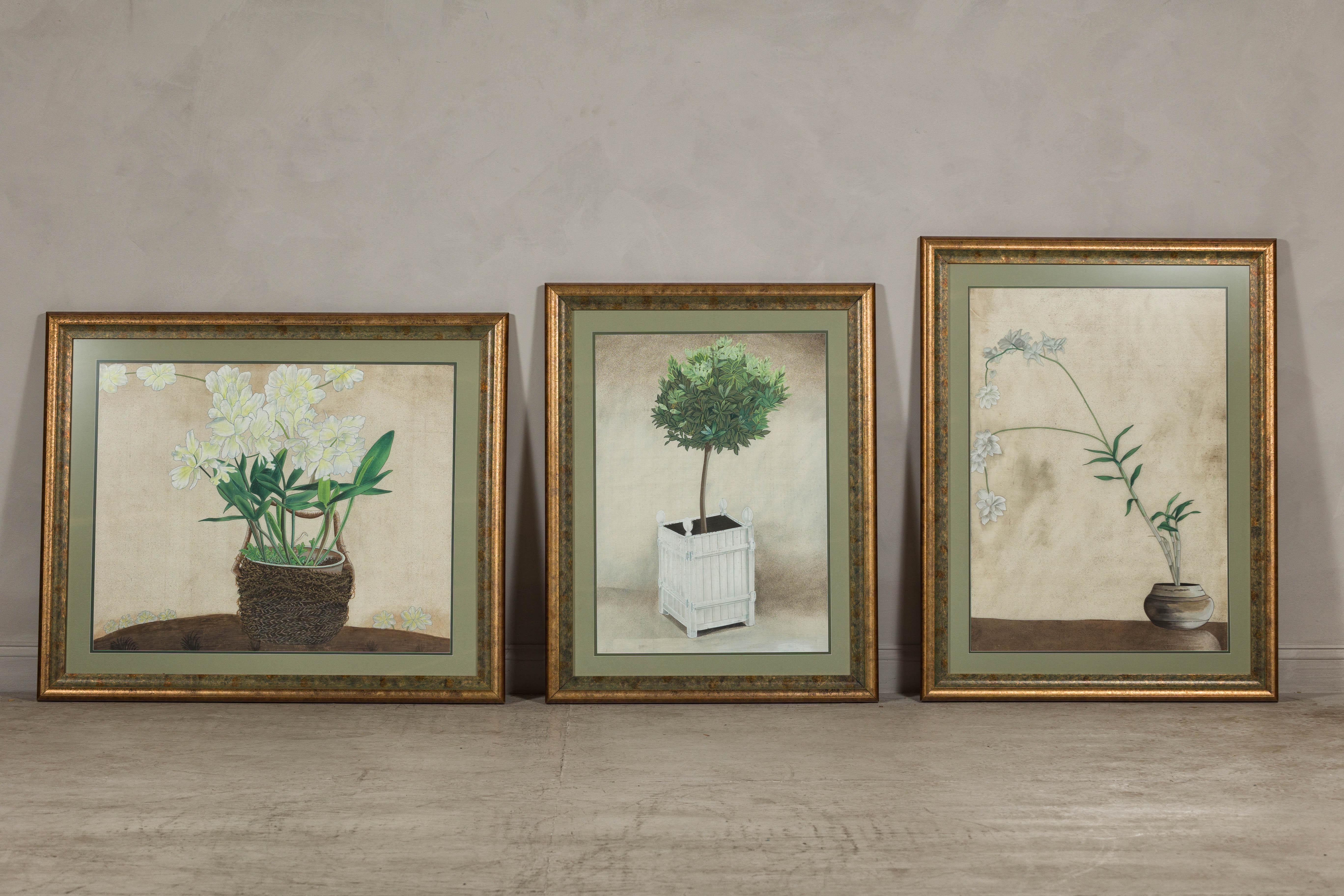 Midcentury Japanese Minimalist Botanical Print in Custom Gold Frame under Glass In Good Condition For Sale In Yonkers, NY