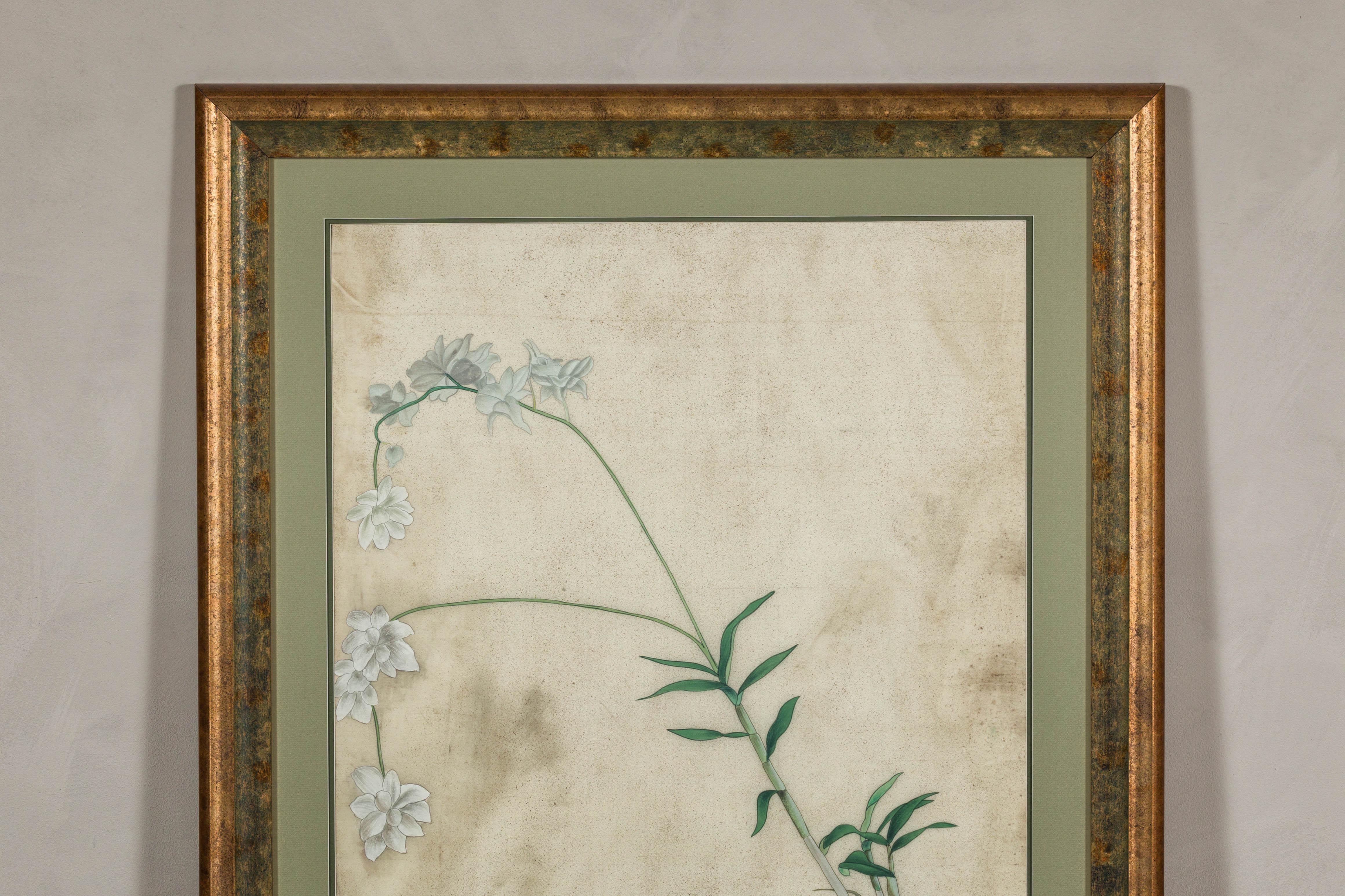 20th Century Midcentury Japanese Minimalist Botanical Print in Custom Gold Frame under Glass For Sale