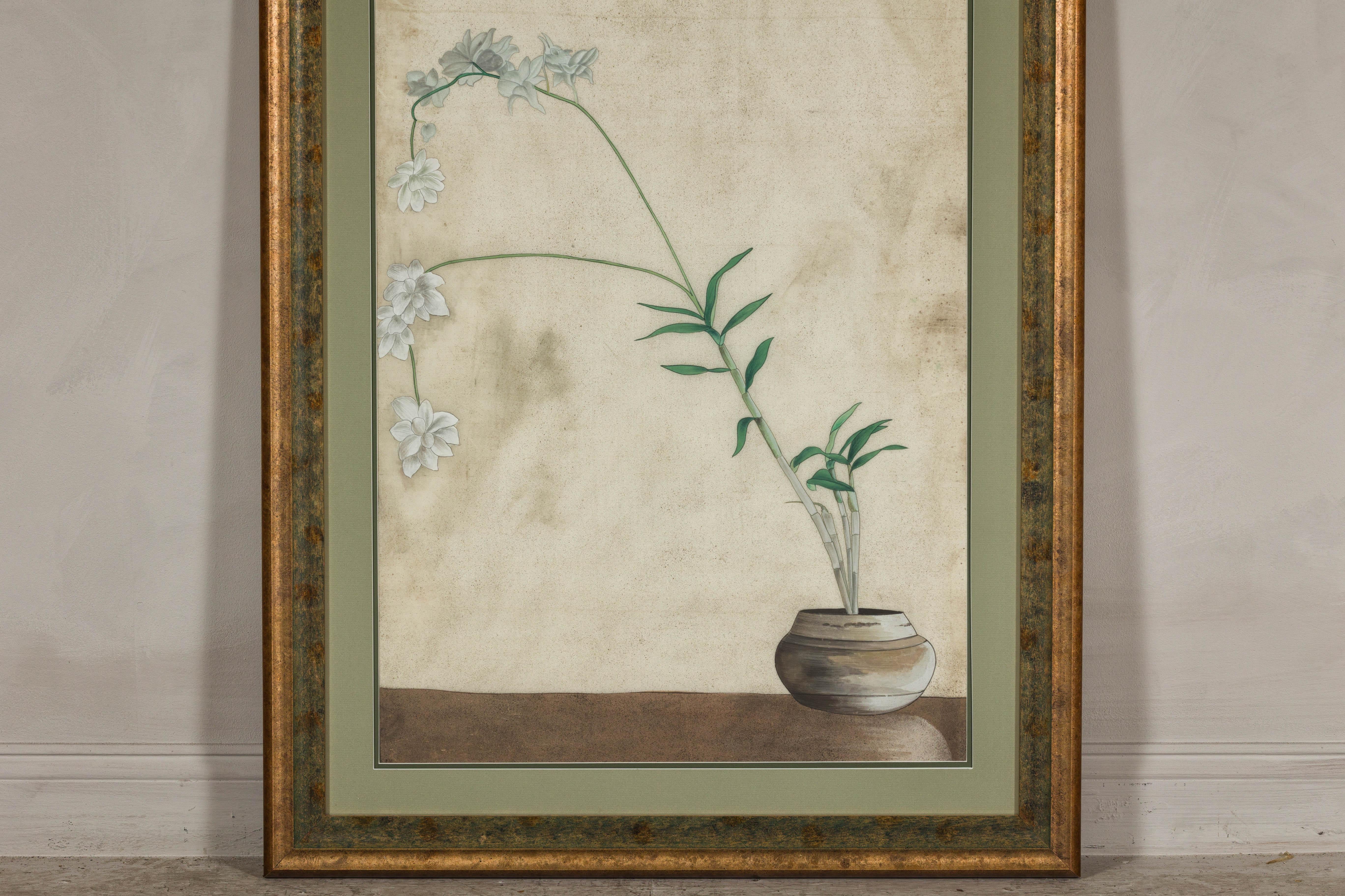 Midcentury Japanese Minimalist Botanical Print in Custom Gold Frame under Glass For Sale 1