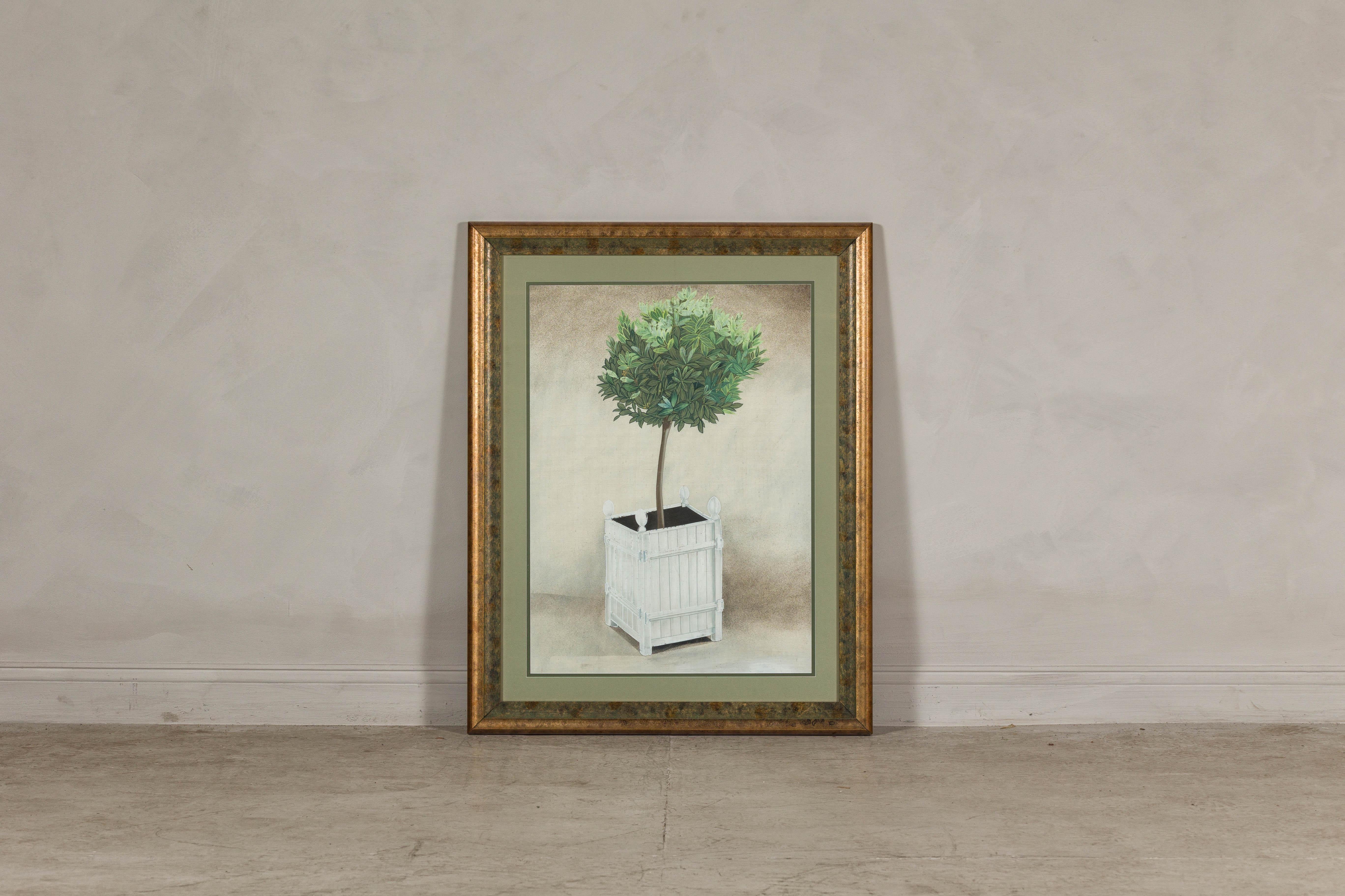 Midcentury Japanese Minimalist Botanical Print in Custom Gold Frame under Glass For Sale 1