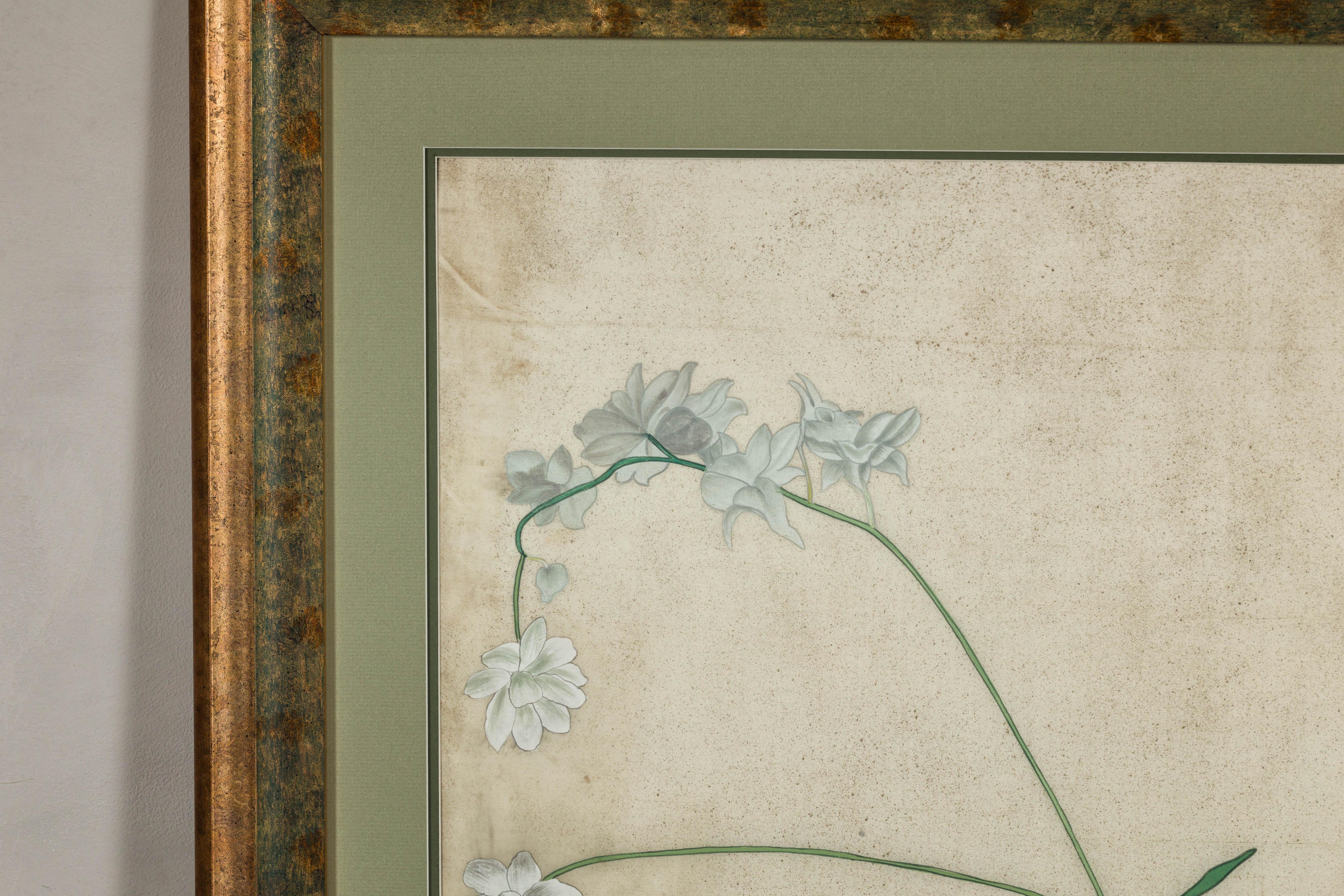 Midcentury Japanese Minimalist Botanical Print in Custom Gold Frame under Glass For Sale 2
