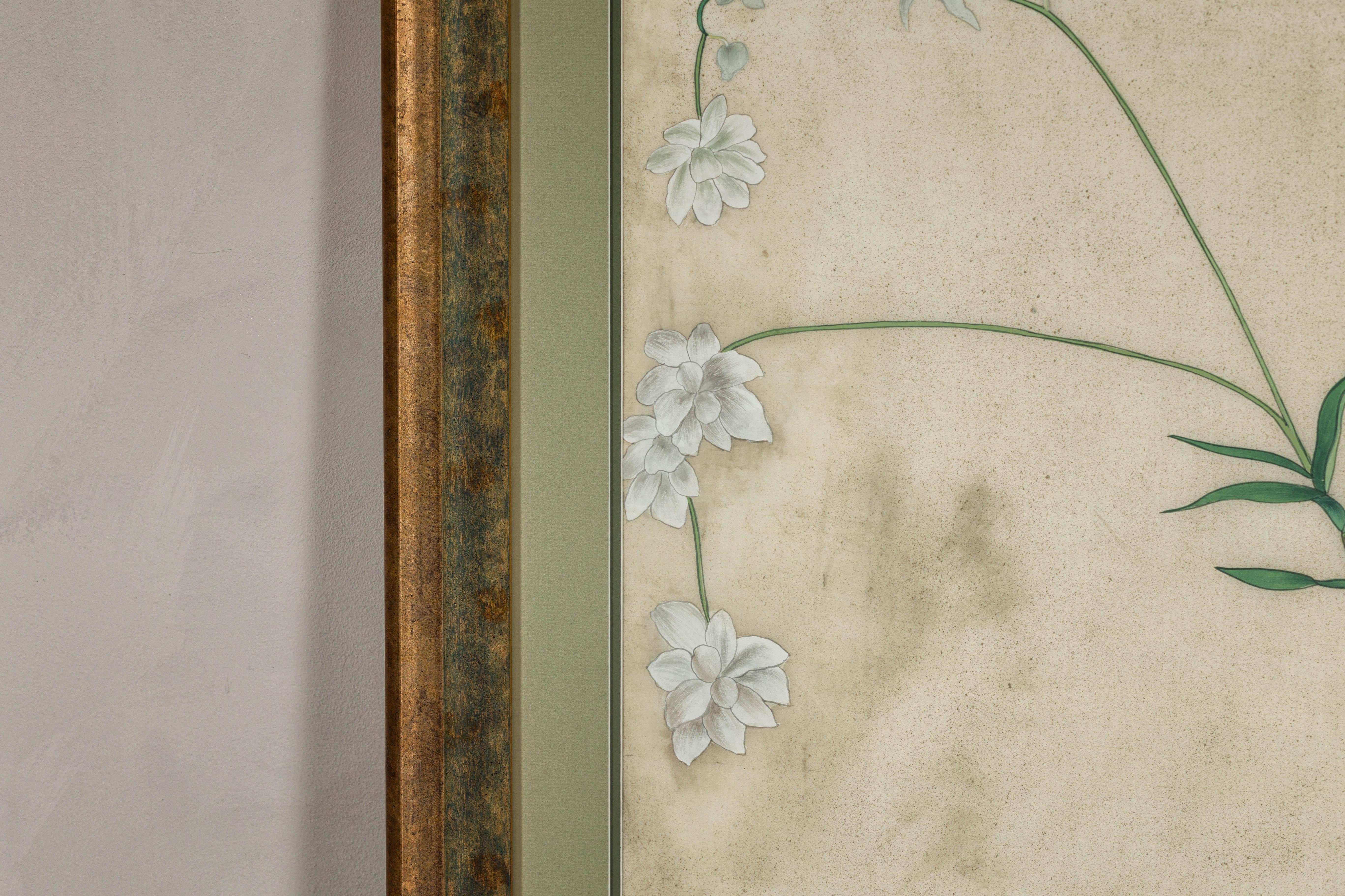 Midcentury Japanese Minimalist Botanical Print in Custom Gold Frame under Glass For Sale 3