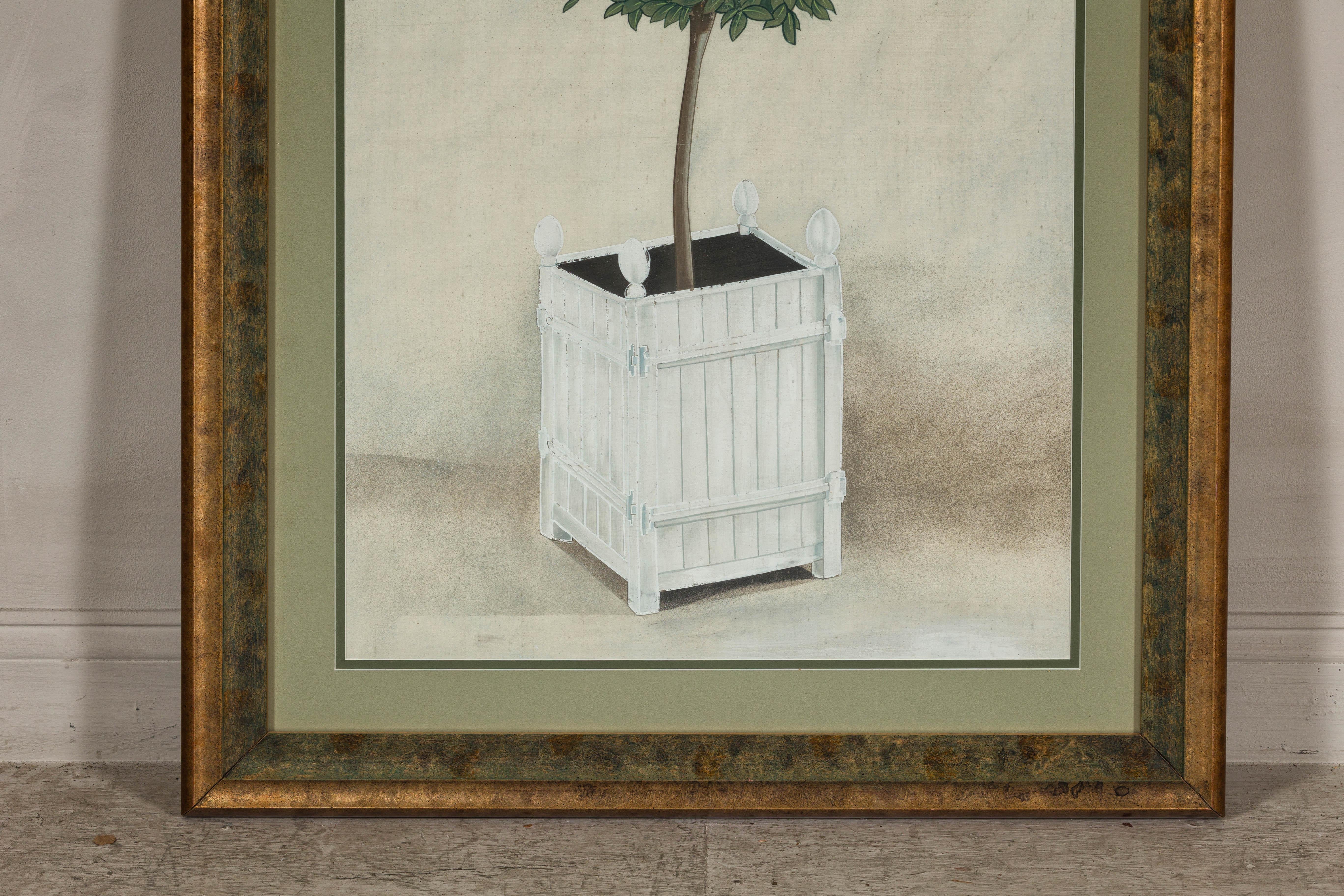 Midcentury Japanese Minimalist Botanical Print in Custom Gold Frame under Glass For Sale 3