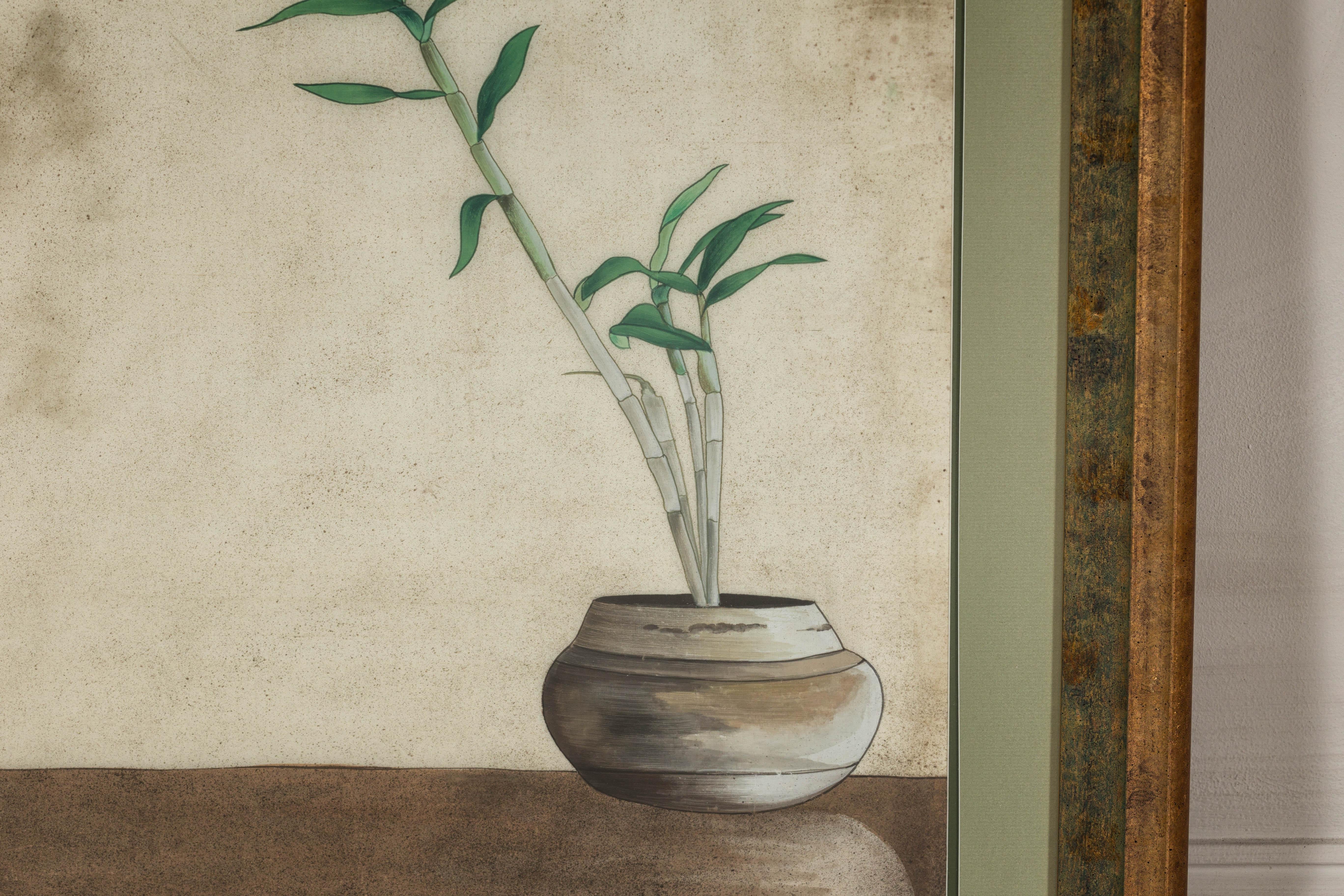 Midcentury Japanese Minimalist Botanical Print in Custom Gold Frame under Glass For Sale 4