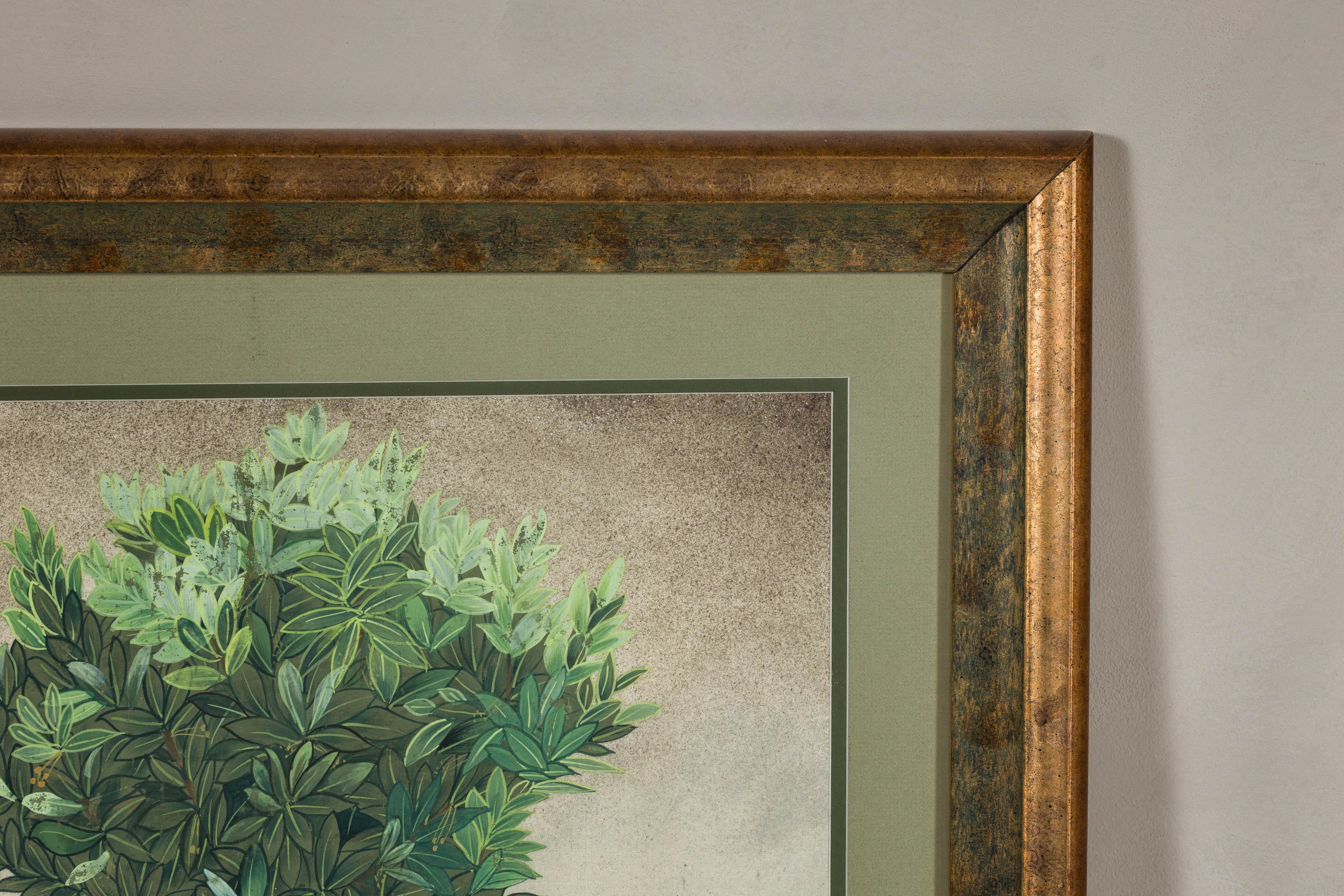 Midcentury Japanese Minimalist Botanical Print in Custom Gold Frame under Glass For Sale 5