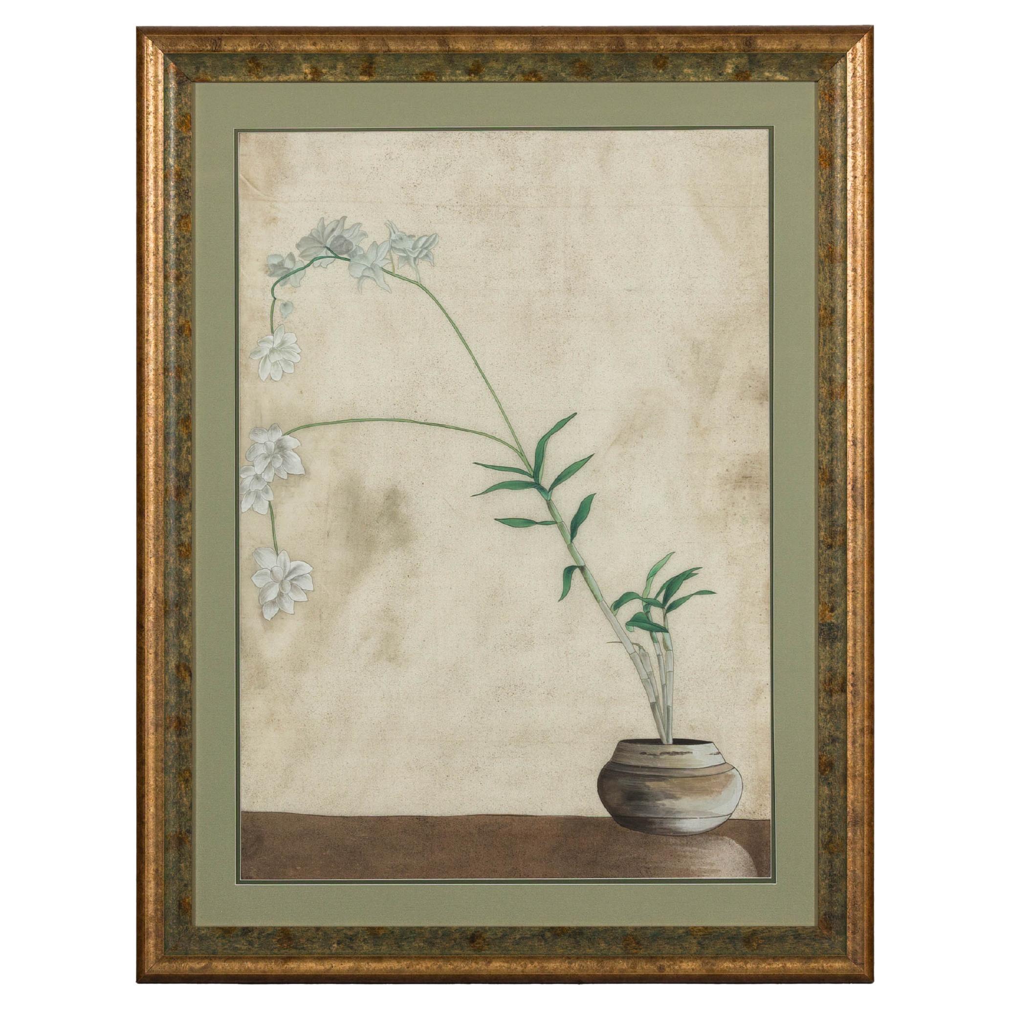 Midcentury Japanese Minimalist Botanical Print in Custom Gold Frame under Glass For Sale
