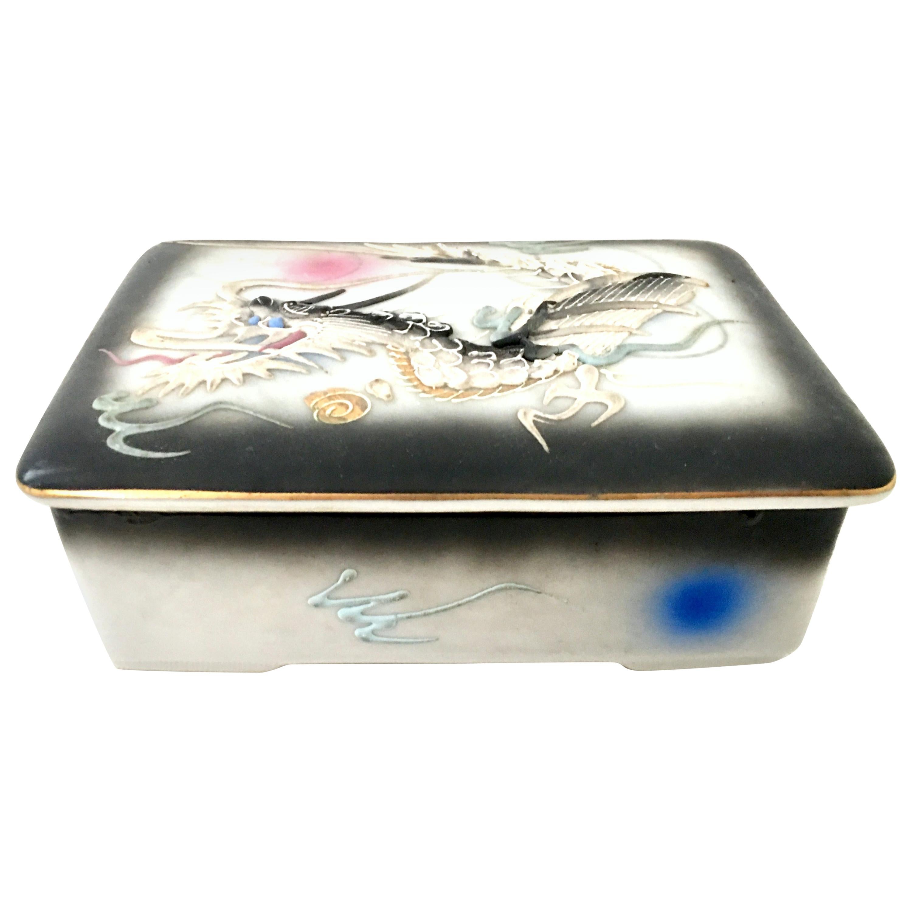 Midcentury Japanese Porcelain Hand Painted "Dragonware" Lidded Box For Sale