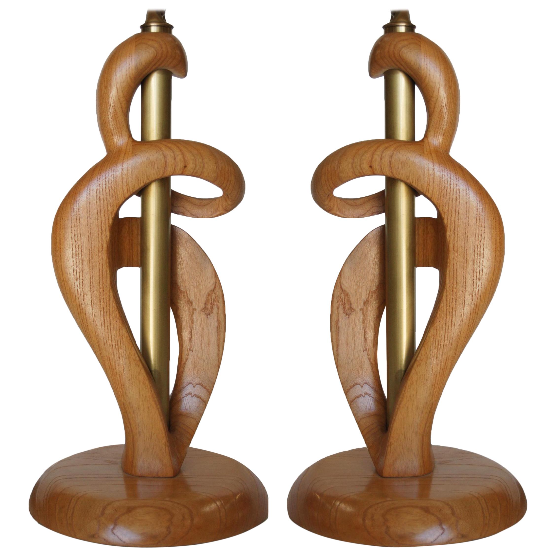 Midcentury Jascha Heifetz Freeform Carved Oak Table Lamp, Pair