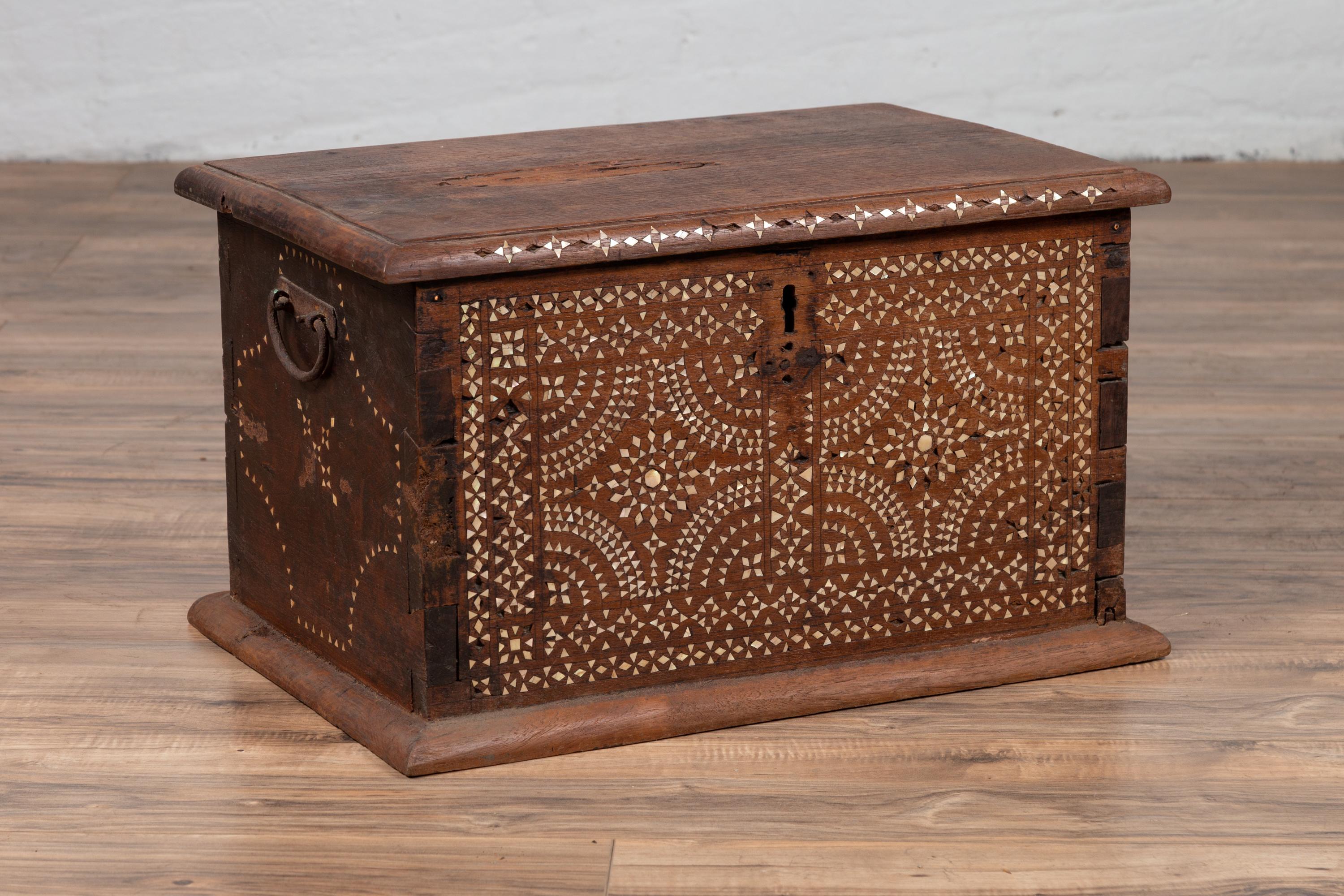 20th Century Midcentury Javanese Vintage Wooden Trunk with Mother of Pearl Geometric Inlay