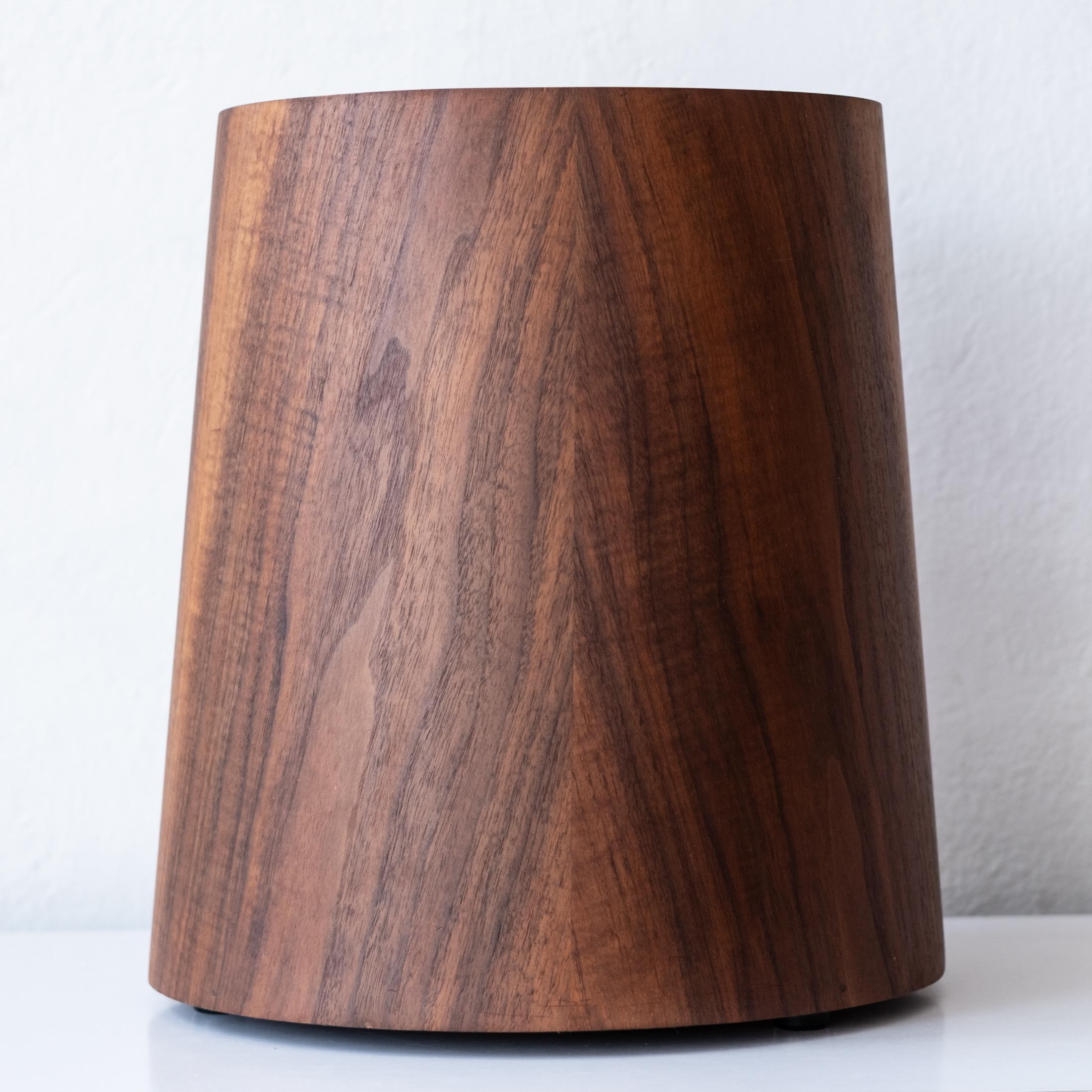 Jens Risom walnut trash can with aluminum lining from the 1950s. Original rubber feet. Beautiful grain.