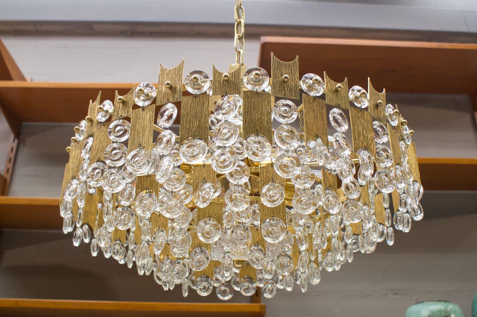 Brass Midcentury Jeweled Crystal Chandelier by Palwa 'Palme & Walter', 1960s For Sale