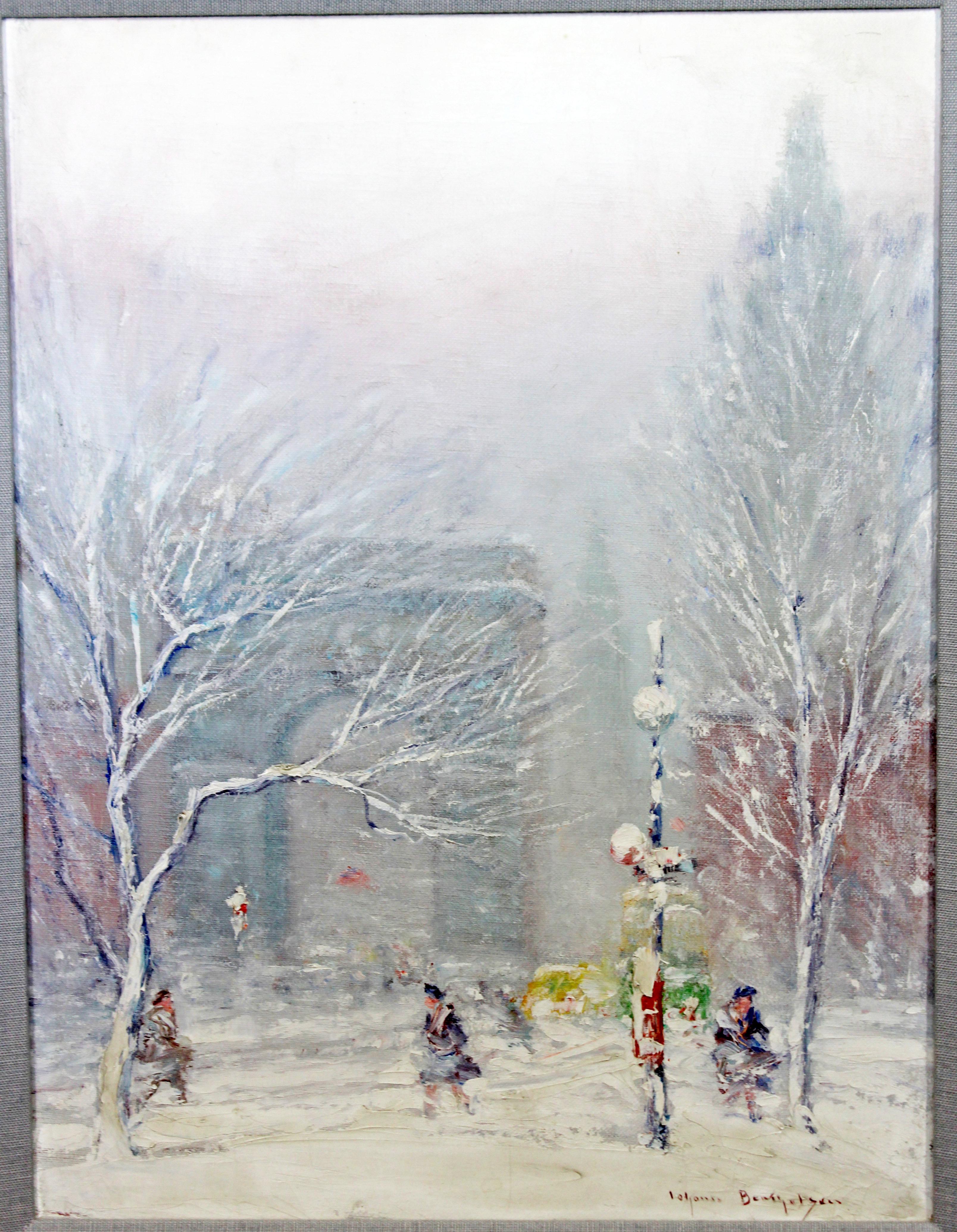 For your consideration is a gorgeous, framed, impressionist painting of a winter scene, signed Johann Berthelsen on canvas. In excellent condition. The dimensions of the frame are 16.5