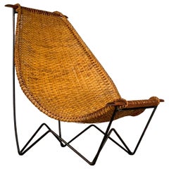 Midcentury John Risley Duyan Sling Lounge Chair in Rattan, Teak and Iron