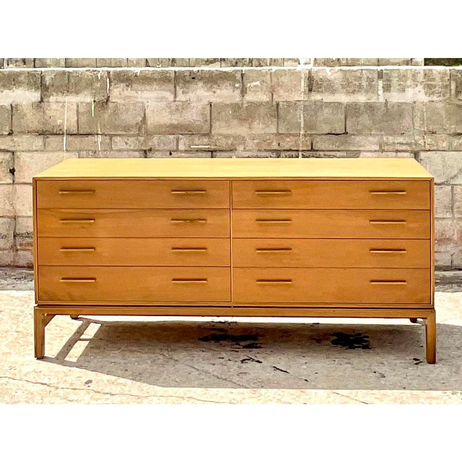 Midcentury Johnson Brothers Brass Trimmed Maple Dresser In Good Condition In west palm beach, FL