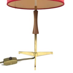 Midcentury J.T. Kalmar Brass Tripod Table Lamp, Red Shade, 1950s, Austria