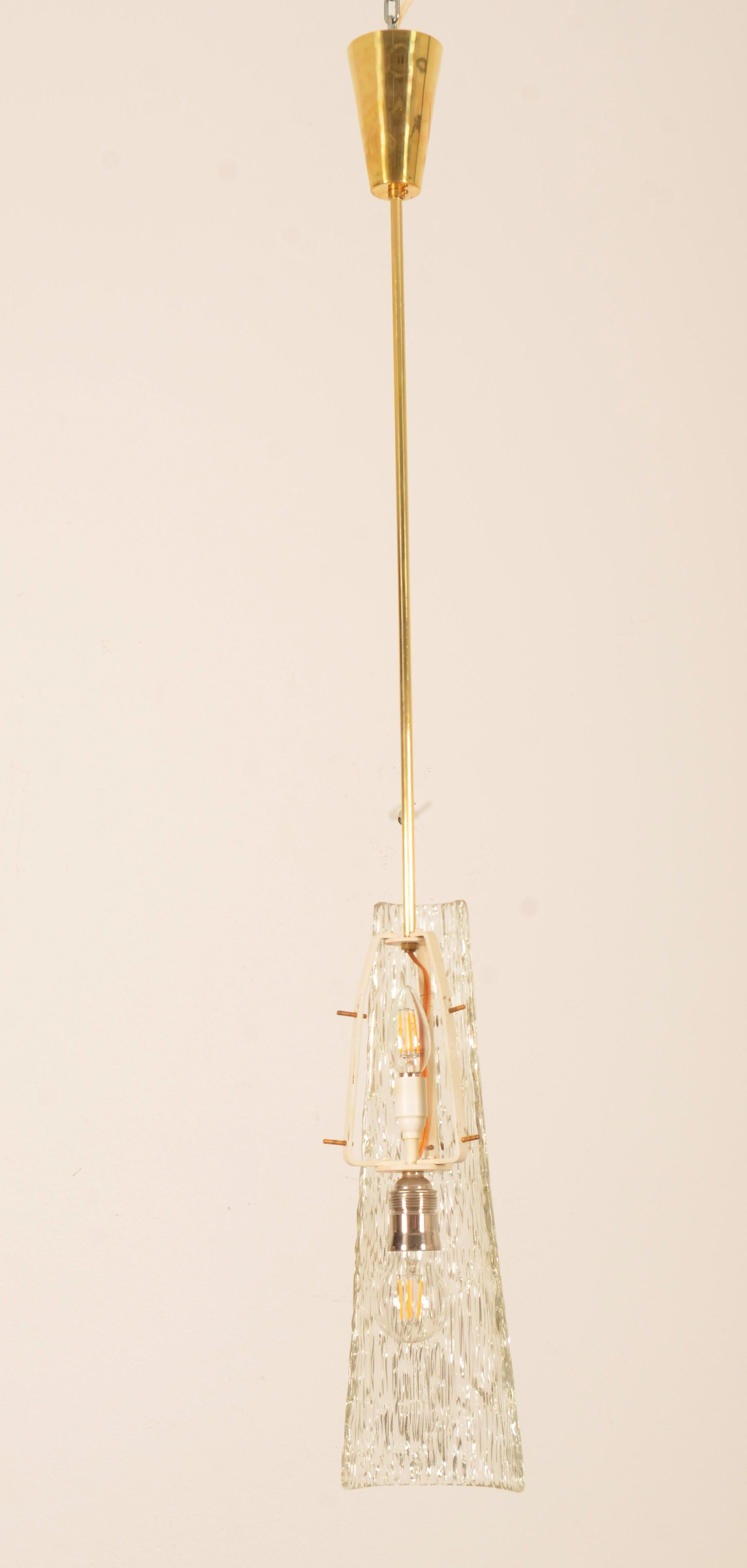 Austrian Midcentury J.T. Kalmar Crystal Structured Glass Pendant Lamp For Sale