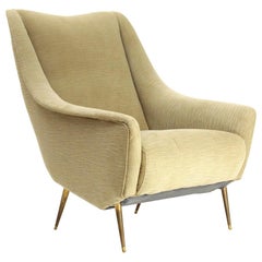 Midcentury Kaki Fabric and Brass Italian Armchair, 1950s